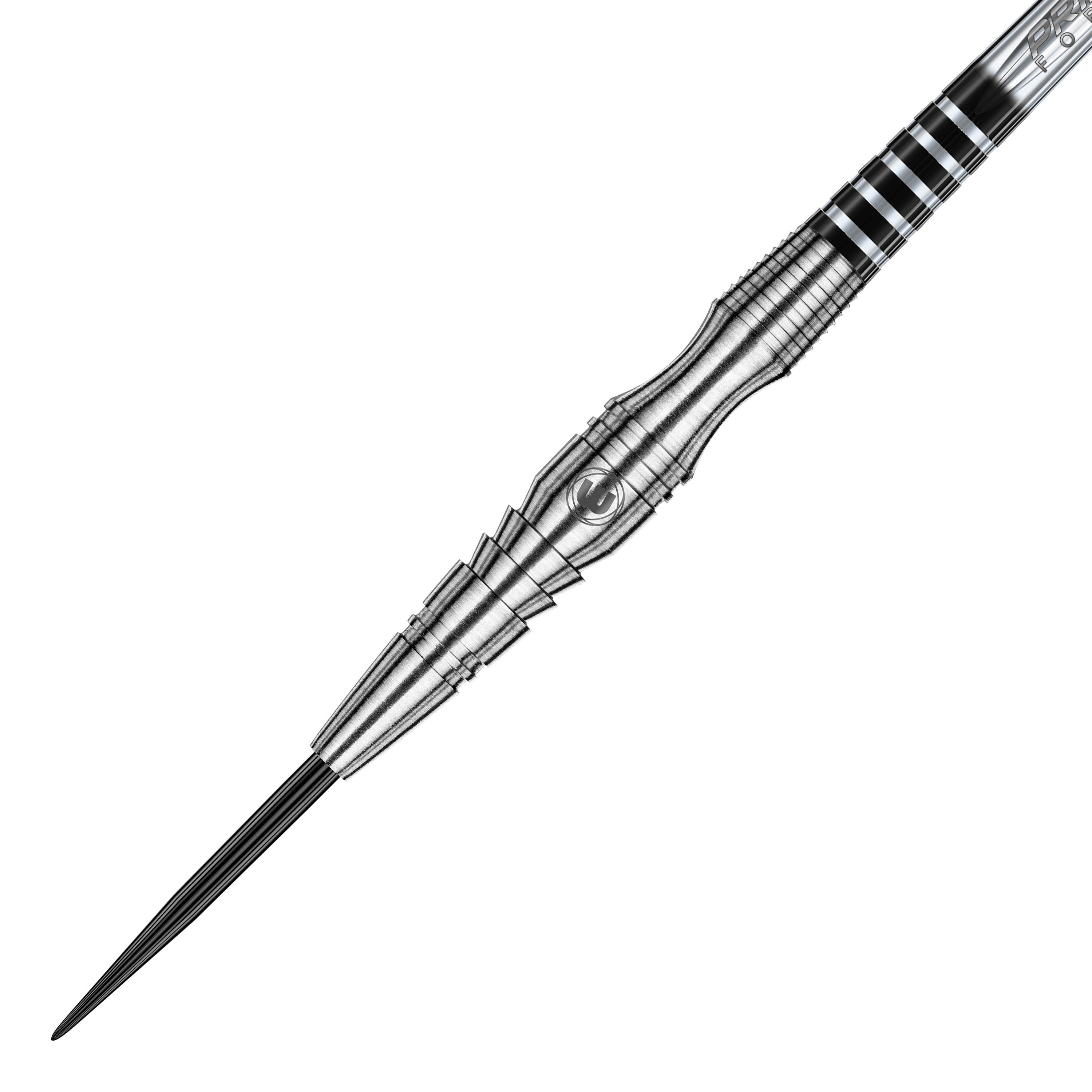 Dardos de acero Winmau Sniper V3 Das Bild zeigt einen Winmau Sniper V3 Steeldart. Der Dart ist silberfarben und hat ein auffälliges, strukturiertes Design am Barrel.