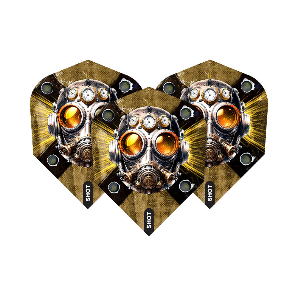 Hier ist das Produkt Shot Badlands The Sherriff No6 Flights abgebildet. Man sieht spezielle Dart-Flights mit individuellem Muster.