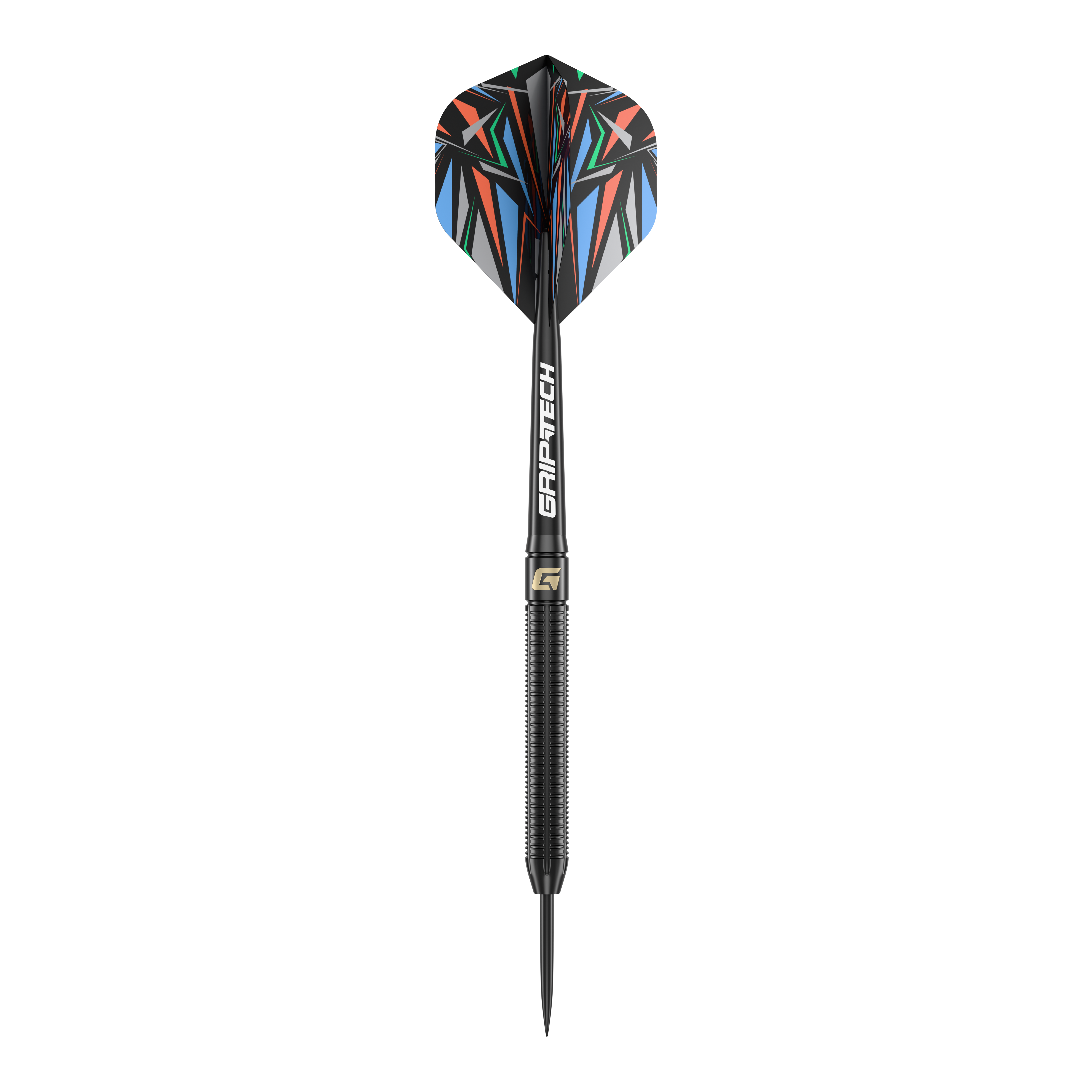 Dardos de acero GOAT Athlete de latón negro - 13 g Das Bild zeigt einen GOAT Athlete Black Brass Steeldart mit einem Gewicht von 13g. Der Dart hat eine schwarze, gerändelte Spitze und bunte Flights mit geometrischem Muster.