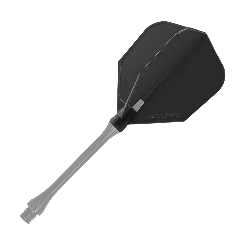 HRC-100_Harrows_Clic_Standard_Flight_Black_2 Das Bild zeigt ein schwarzes Harrows Clic Standard Flight für Darts. Das Flight ist komplett schwarz und besteht aus einem Stück mit dem Shaft.