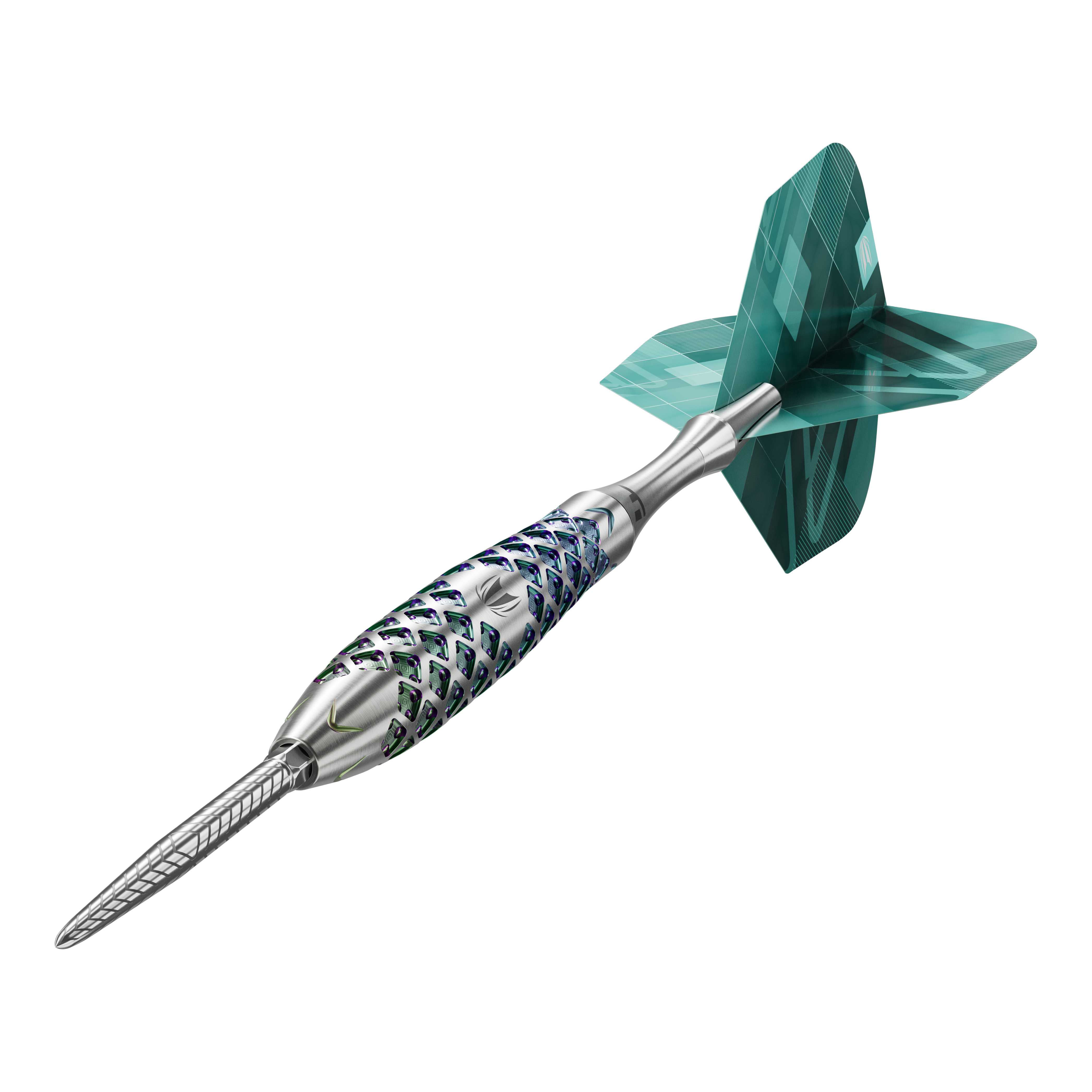 Dardos de acero Target Rove 02 Swiss Point Das Bild zeigt einen Target Rove 02 Swiss Point Steeldart. Der Dartpfeil hat ein silbernes, strukturiertes Barrel und grüne Flights.