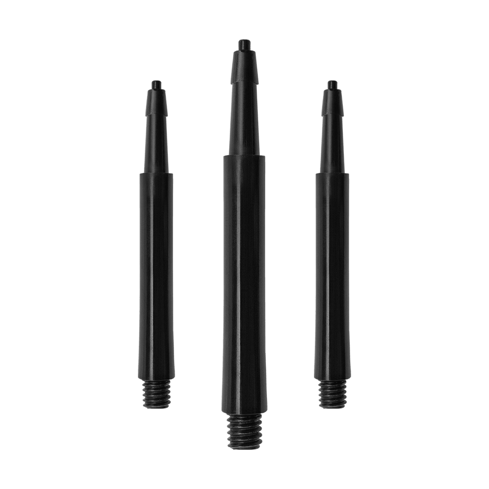 HRC12626_Harrows_Clic_Standard_Shafts_Schwarz_30mm_1 Das Bild zeigt drei schwarze Harrows Clic Standard Shafts. Diese Schäfte sind für den Einsatz bei Darts bestimmt.