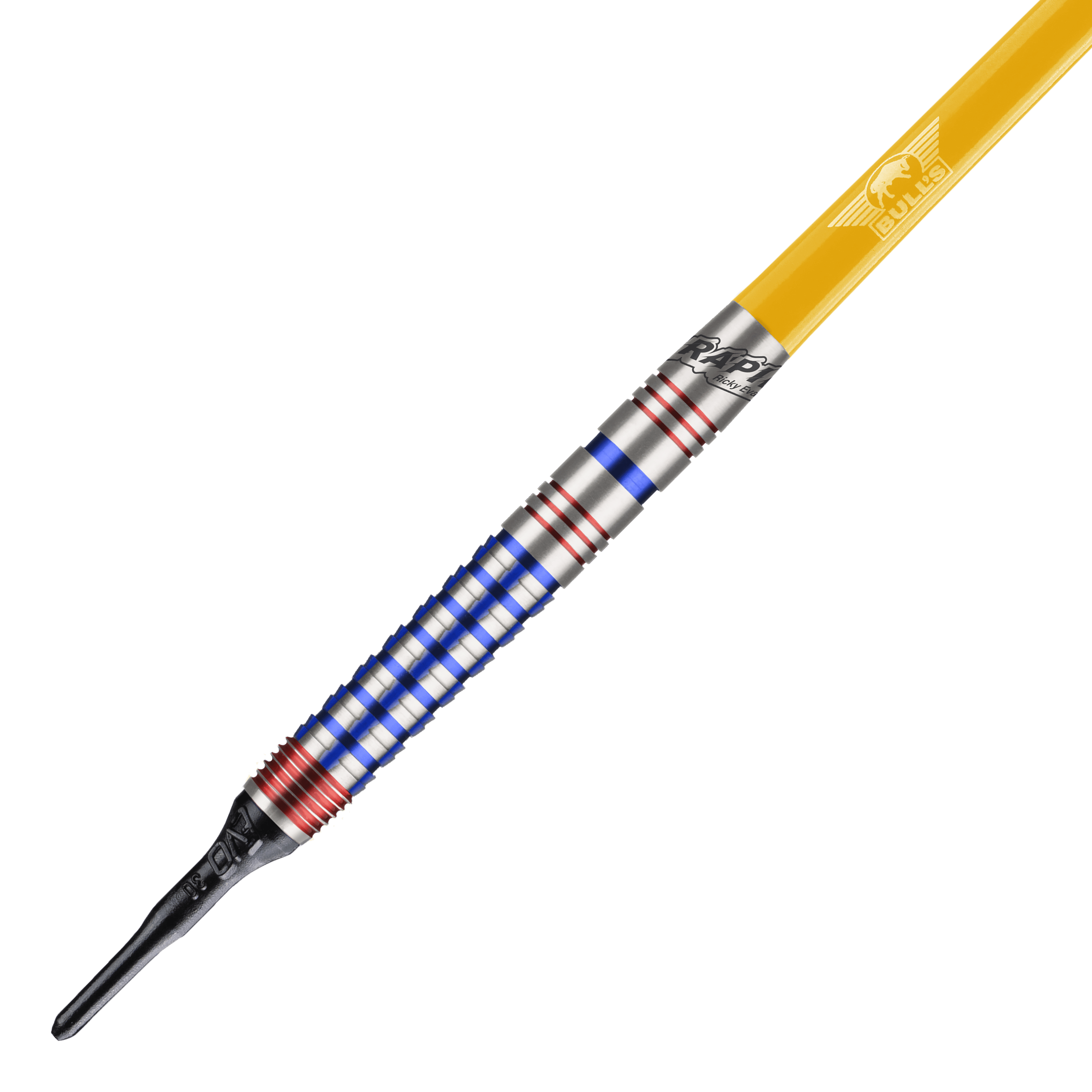 Dardos blandos Bulls NL Ricky Evans Rapid Edition One - 20 g Dies ist ein Softdart aus der Serie "Bulls NL Ricky Evans Rapid Edition One" mit einem Gewicht von 20g. Der Dart hat einen silbernen Schaft mit blauen und roten Ringen sowie einen gelben Flight.