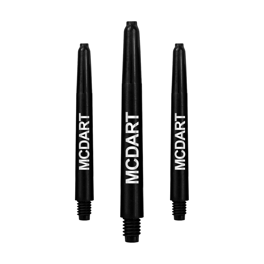 MD-611_Nylon_Shafts_mit_Wunschdruck_Schwarz_48mm_1 Auf dem Bild sind drei schwarze Nylon-Dartschäfte zu sehen. Auf jedem Schaft steht das Wort "MCDART" in weißer Schrift.