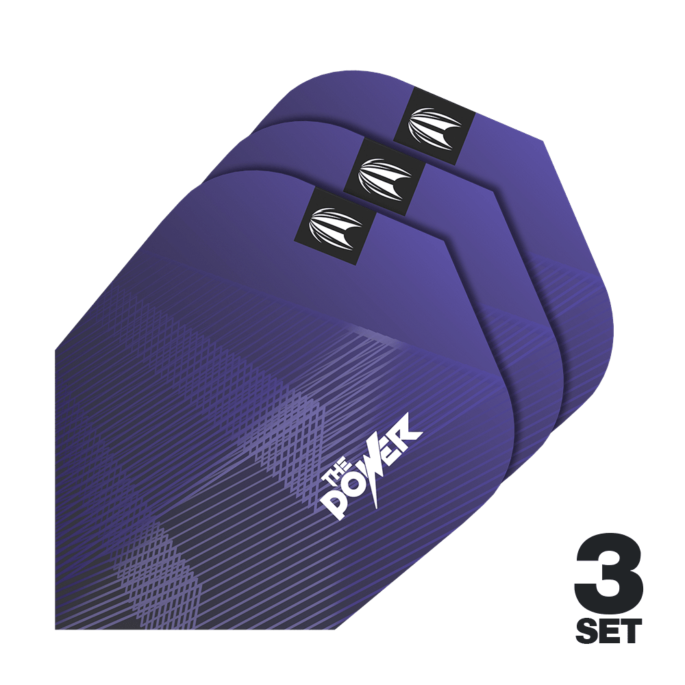 Plumas Target Pro Ultra Phil Taylor Power GEN10 Ten-X - 3 juegos Das Bild zeigt drei Sätze lila Dart-Flights mit der Aufschrift "The Power". In der unteren rechten Ecke steht "3 Set".