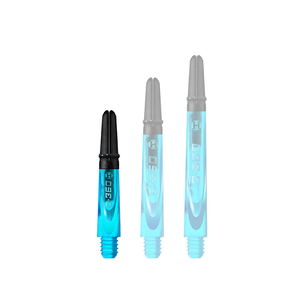 HR443_Harrows_Carbon_360_Shafts_Aqua_35mm_1 Das Bild zeigt drei blaue Dartschäfte mit schwarzem Kopf in unterschiedlichen Längen. Auf jedem Schaft steht der Schriftzug "C.360".