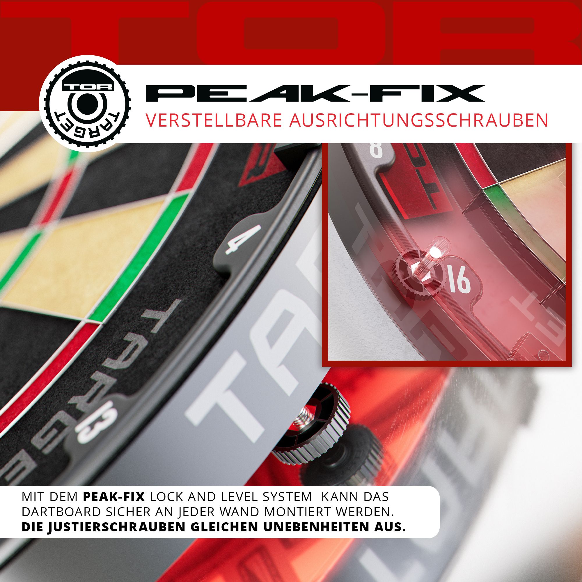 Diana de acero Target TOR Das Bild zeigt das Target TOR Steeldartboard mit verstellbaren Ausrichtungsschrauben. Ein Detailbild hebt die Justierschrauben hervor, die Unebenheiten an der Wand ausgleichen.