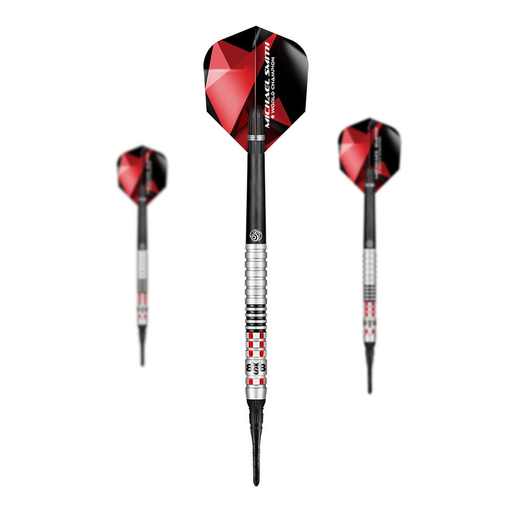 Shot de Michael Smith Achieve Soft Darts Das Bild zeigt drei Softdarts mit roten und schwarzen Flights. Die Darts haben silberne und schwarze Griffe mit roten Akzenten.