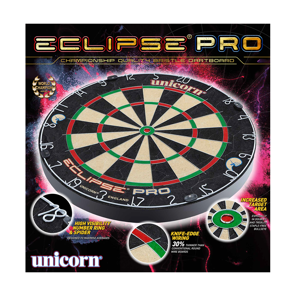 Diana Eclipse Pro Unicorn Das Bild zeigt das Produkt "Unicorn Eclipse Pro Dartboard". Es handelt sich um eine professionelle Dartscheibe mit erhöhter Zielgenauigkeit und spezieller Draht-Technologie.
