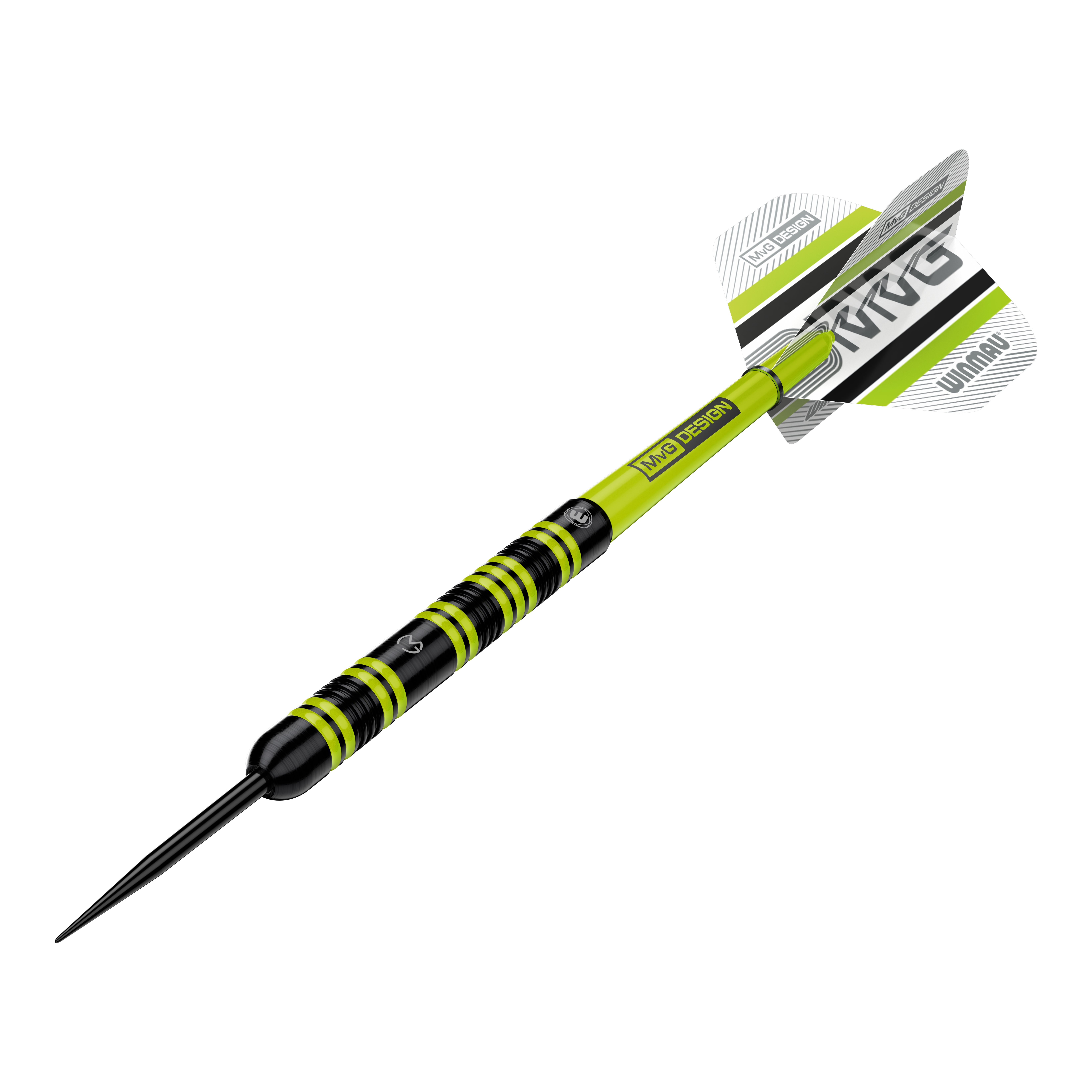 Dardos de acero Winmau Michael Van Gerwen 85 Pro-Series Das Bild zeigt einen Winmau Michael Van Gerwen 85 Pro-Series Steeldart. Der Dart hat ein auffälliges Design mit schwarzen und leuchtend grünen Akzenten sowie einem MVG-Logo auf den Flights.