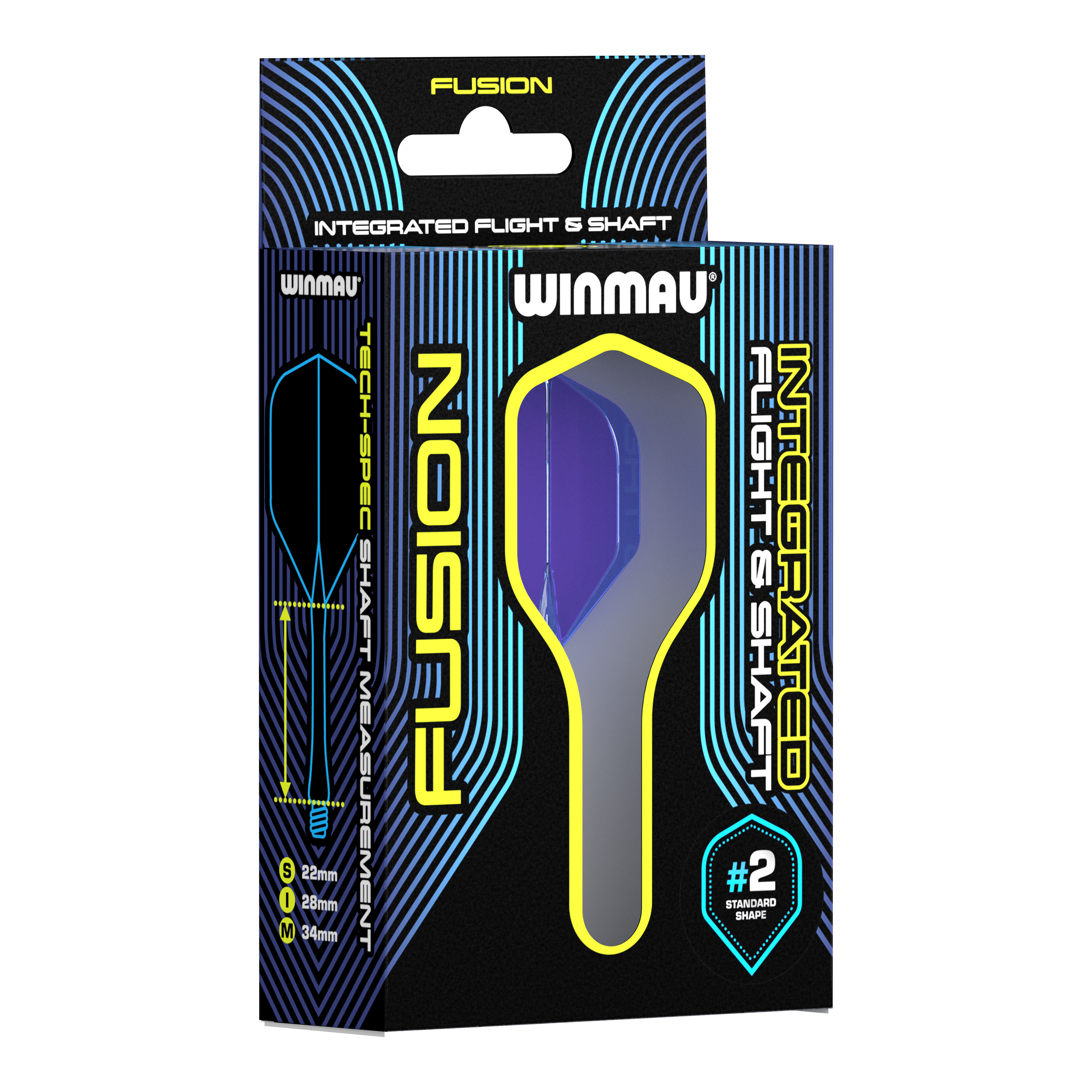 Sistema de eje de vuelo Winmau Fusion azul estándar Auf dem Bild ist eine Verpackung des Winmau Fusion Integrated Flight & Shaft Systems zu sehen. Die abgebildete Variante ist blau und hat eine Länge von 22 mm (#2 Standardform).