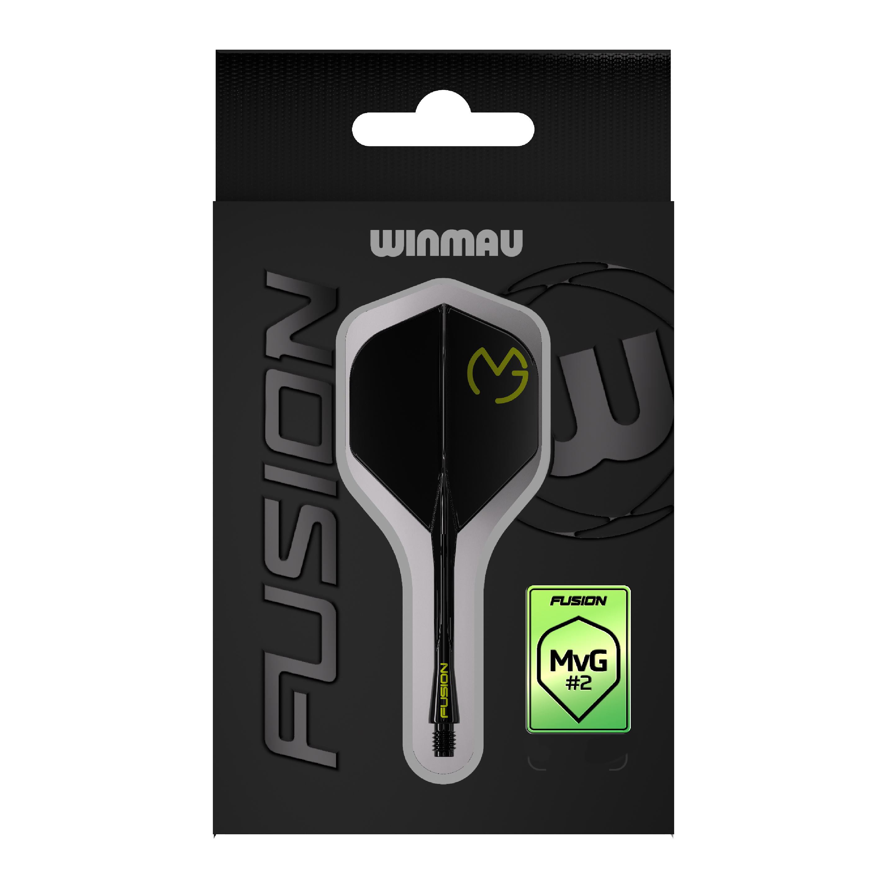 Sistema de eje de vuelo Winmau Fusion Michael Van Gerwen Pacman No6 Das Bild zeigt die Verpackung des Winmau Fusion Flight-Shaft-Systems Michael Van Gerwen Pacman Nr. 2 Standard. Das Produkt ist schwarz mit gelben Akzenten gestaltet und trägt das MVG-Logo.
