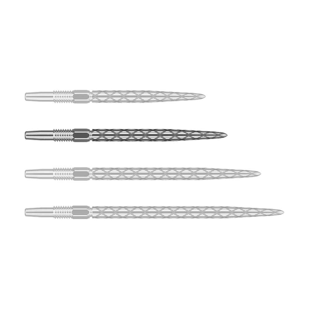 Puntas de dardos Target Swiss Diamond Pro Silver Points Auf dem Bild sind vier silberne Dartspitzen in einer Reihe zu sehen. Sie haben ein markantes Rautenmuster auf der Oberfläche.
