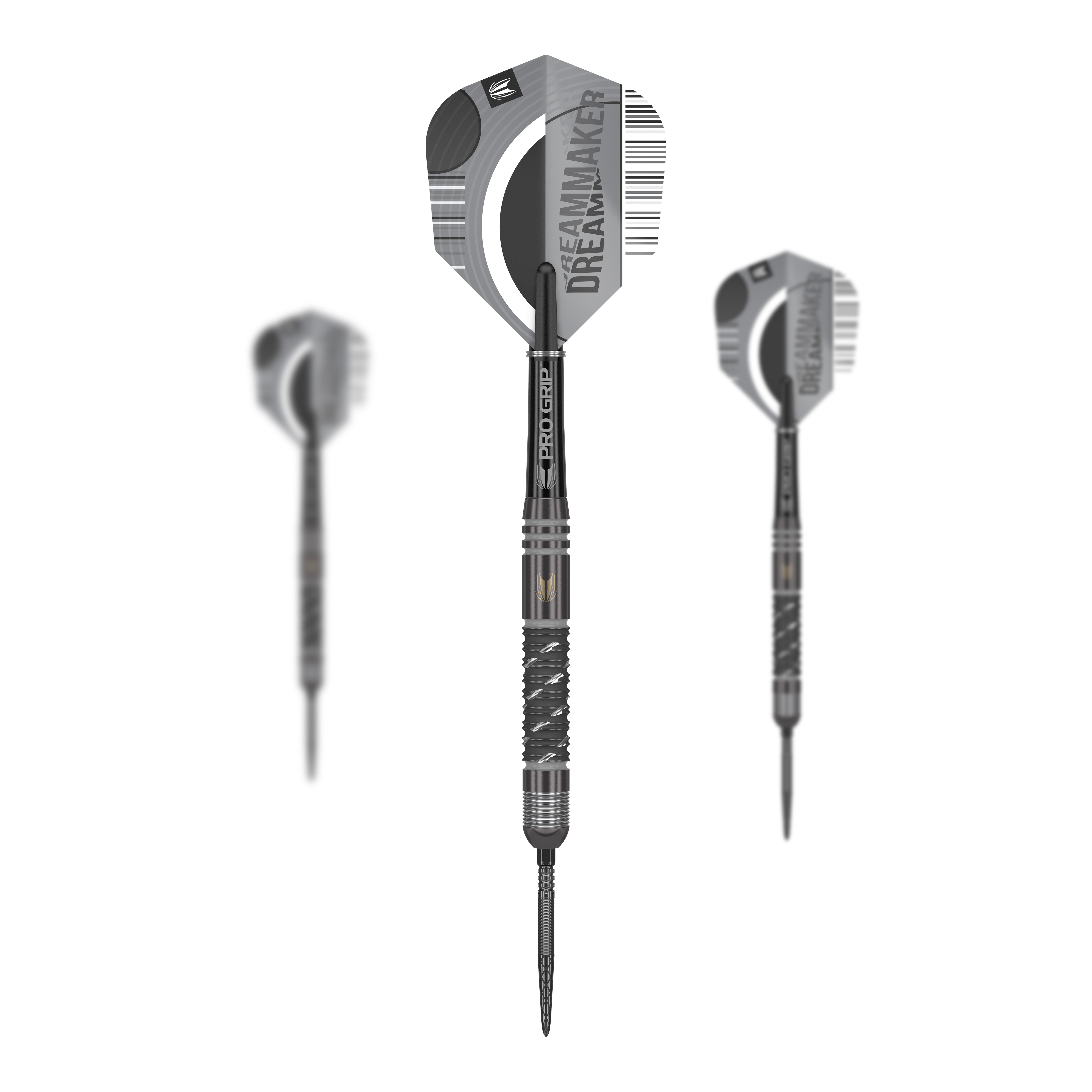 Dardos de acero Target Dimitri Van Den Bergh X Echo Swiss Point Das Bild zeigt drei Steeldarts aus der Produktreihe „Target Dimitri Van Den Bergh X Echo Swiss Point“. Die Darts haben schwarze Griffe und Flights mit der Aufschrift „DREAMMAKER“.