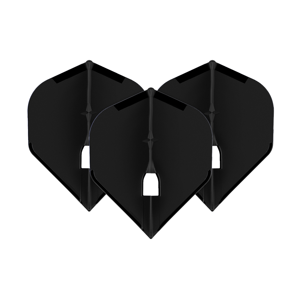 L-Style Champagne L1PRO Flights Auf dem Bild sind drei schwarze Dartflights zu sehen, die nebeneinander stehen. Sie haben eine klassische, breite Form und sind einheitlich gestaltet.