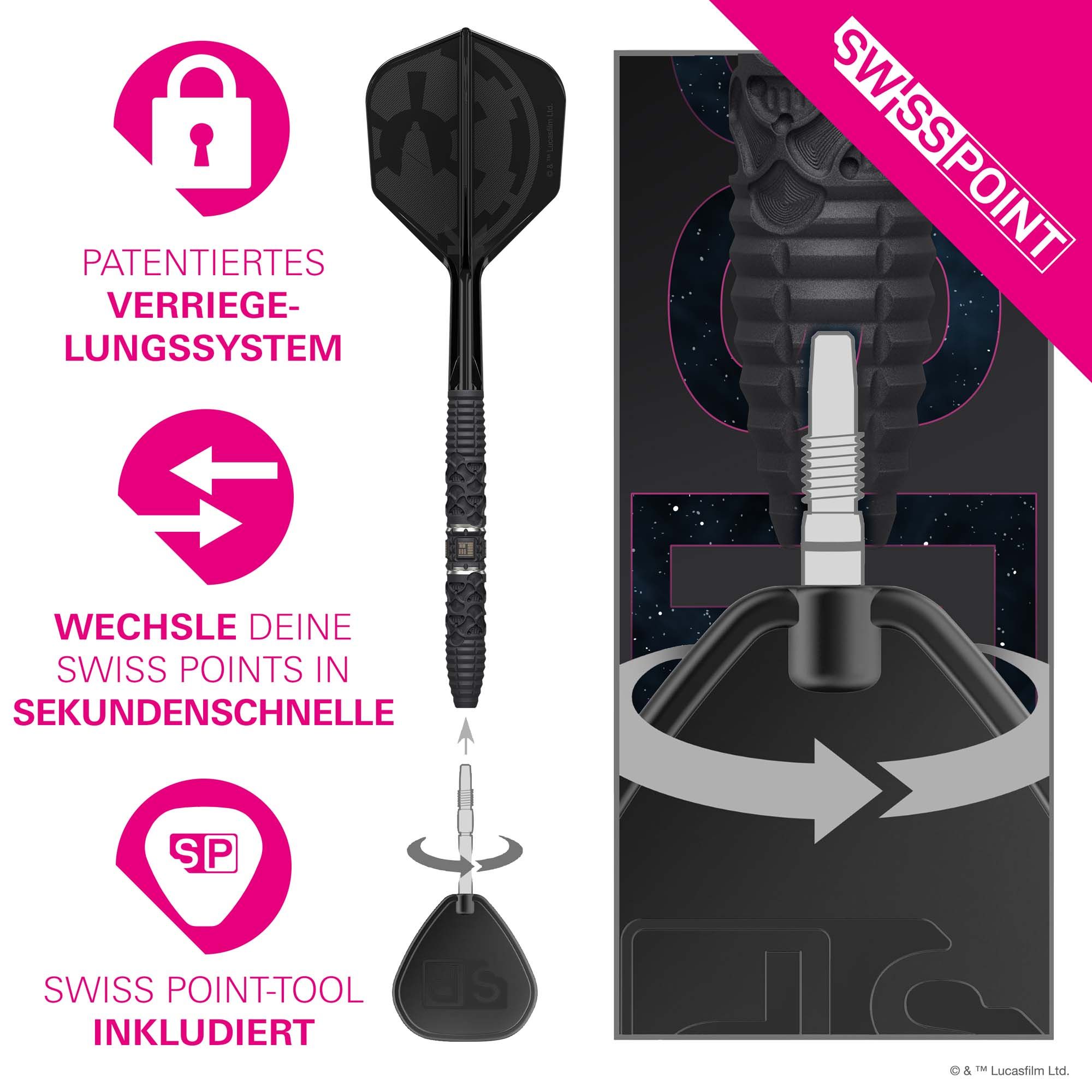 Dardos de acero Target Star Wars Darth Vader 95 Swiss Point Dieses Bild zeigt die Target Star Wars Darth Vader 95 Swiss Point Steeldarts. Die Darts sind im Star Wars Design mit Darth Vader-Motiv gestaltet.