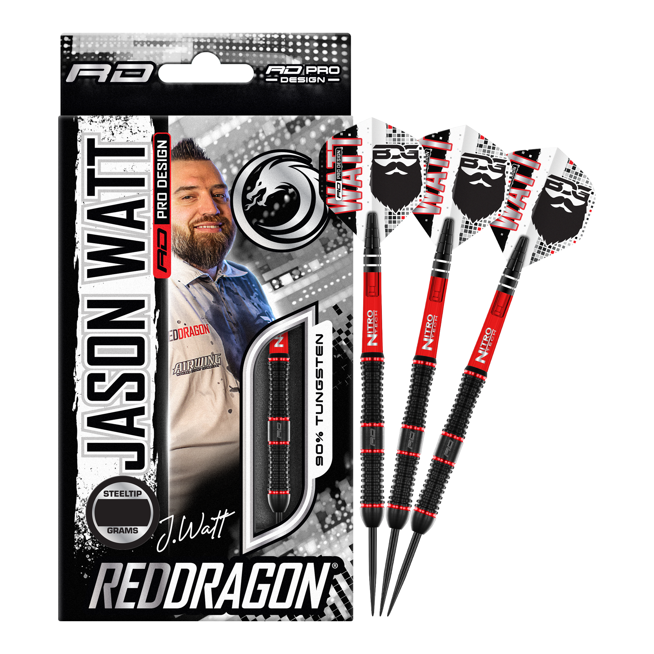 Dardos de acero Red Dragon Jason Watt - 22 g Das Bild zeigt das Produkt "Red Dragon Jason Watt Steeldarts - 22g" in seiner Verpackung. Rechts daneben sind drei Steeldarts mit schwarzem und rotem Design zu sehen.