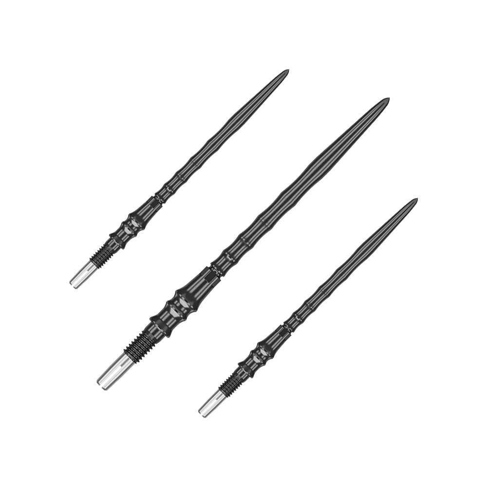 Das Bild zeigt ein Set von schwarzen Steeldartspitzen, SwissPoint, 40 mm von Target Japan Premium. Mehrere Spitzen sind nebeneinander angeordnet.