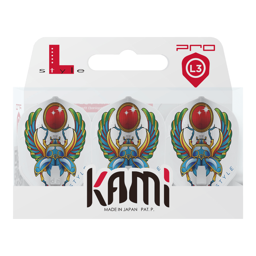 Plumas L-Style Anastasia Dobromyslova V3 Blancas L3KAMI Das Bild zeigt eine Packung L-Style Anastasia Dobromyslova V3 White L3KAMI Flights. Die Flights sind weiß und mit einem bunten Skarabäus-Motiv bedruckt.