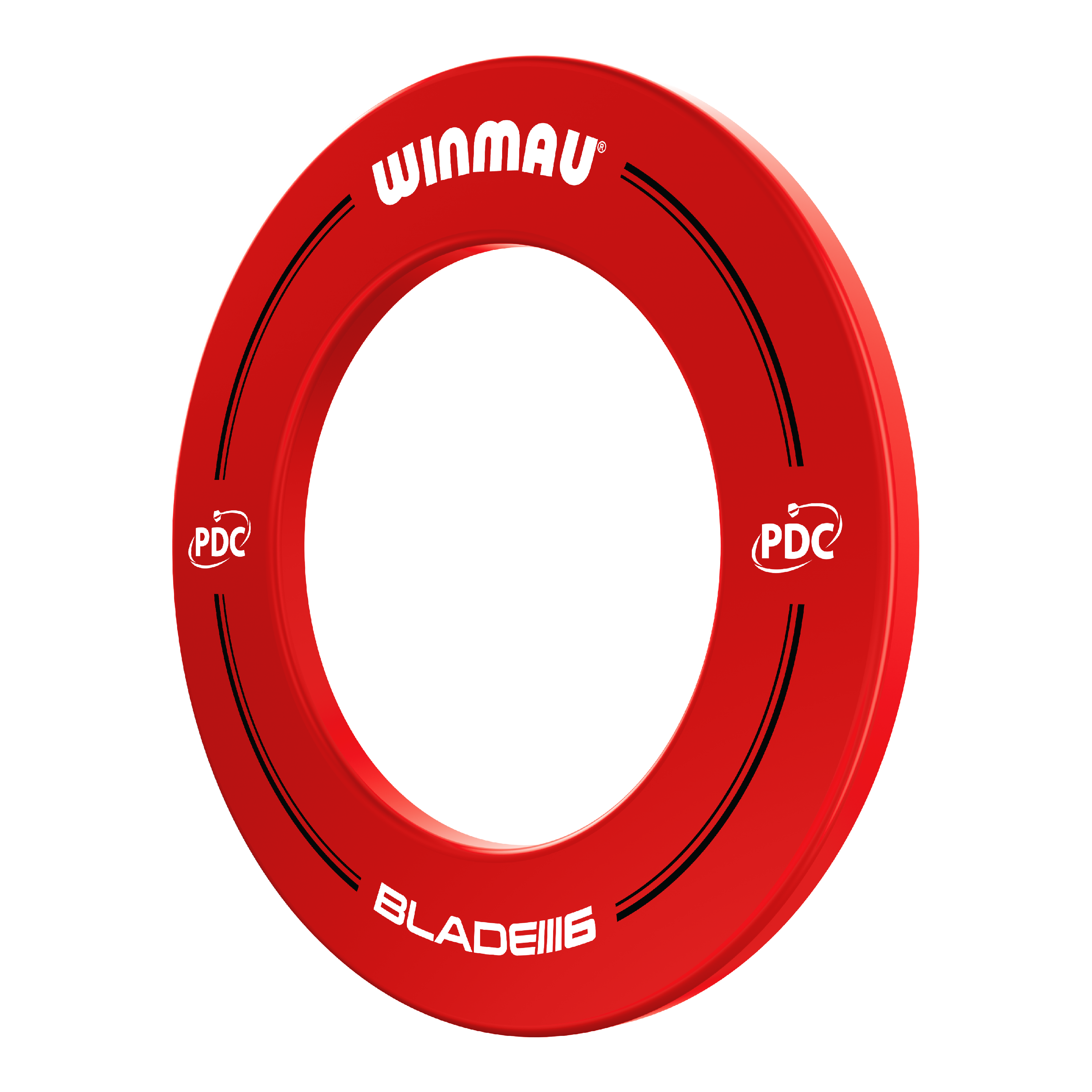 Marco para diana Winmau PDC - Rojo Das Bild zeigt einen roten Winmau PDC Dartboard Surround. Auf dem Ring stehen die Wörter "Winmau", "PDC" und "Blade 6".