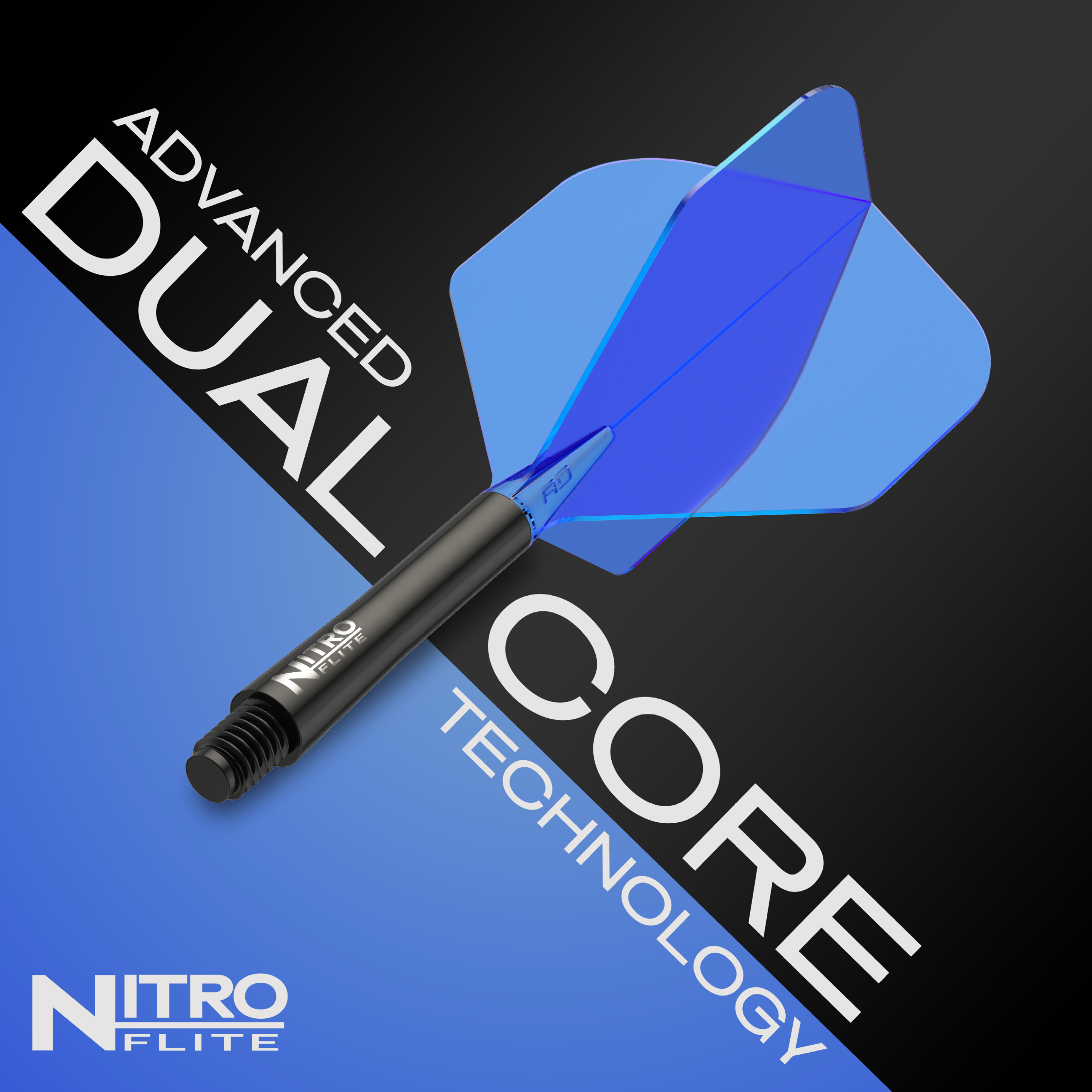 Plumas Red Dragon Nitroflite - Eje negro, color azul, n.° 2 Das Bild zeigt ein Dart mit einem schwarzen Schaft und blauen Flights der Marke Nitroflite. Es hebt die fortschrittliche „Dual Core“-Technologie hervor.