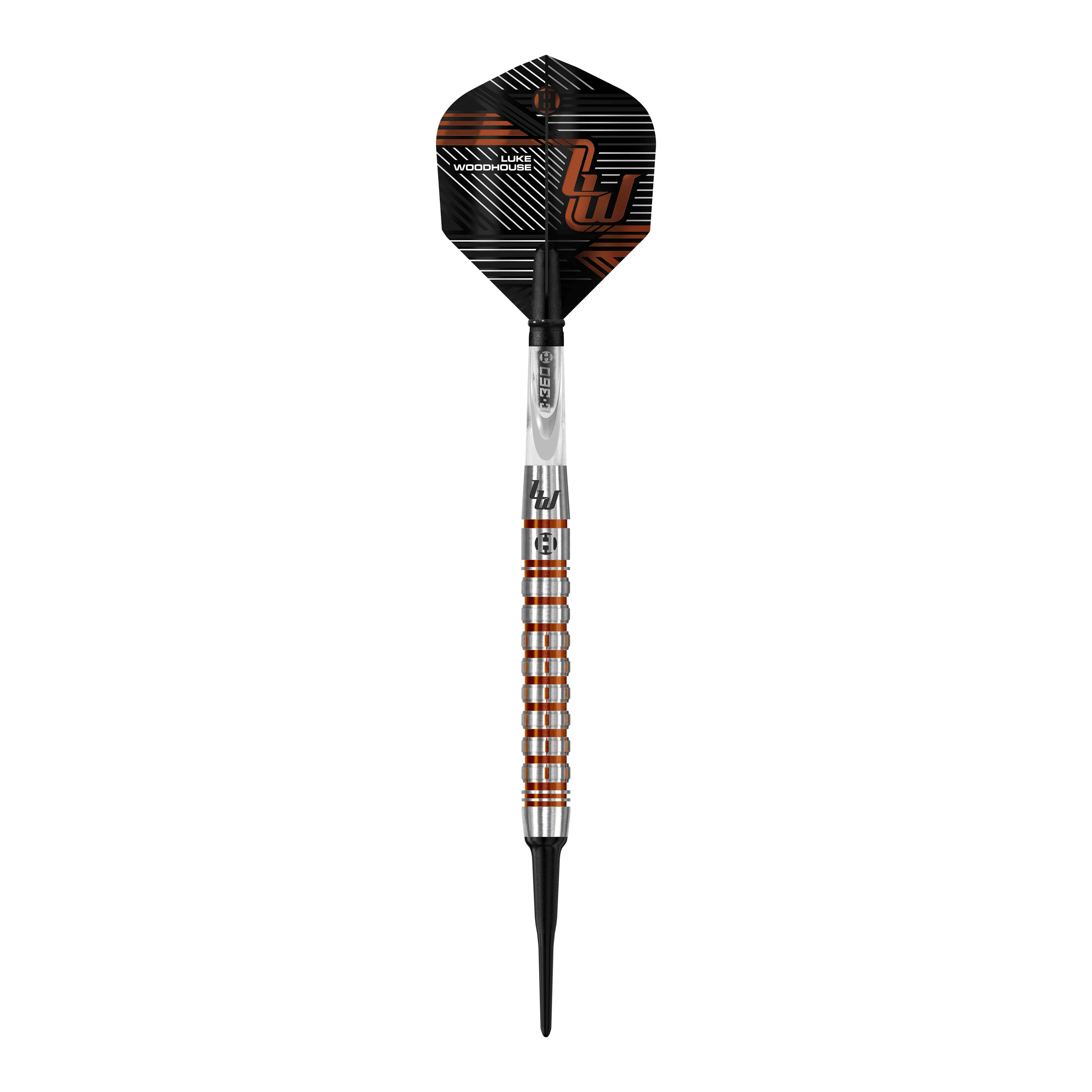 Dardos suaves Harrow's Luke Woodhouse Serie 2 - 18 g Das Bild zeigt den Harrows Luke Woodhouse Series 2 Softdart mit einem Gewicht von 18g. Der Dartpfeil hat ein modernes, silber-orangenes Design mit schwarzen Akzenten.