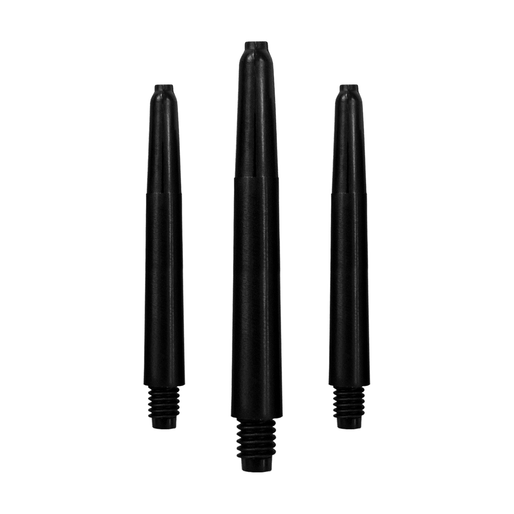 567_Nylon_Shafts_Schwarz_40mm_1 Das Bild zeigt drei schwarze Nylon-Schäfte für Dartpfeile. Sie sind in einer vertikalen Reihe angeordnet und haben ein Schraubgewinde am unteren Ende.