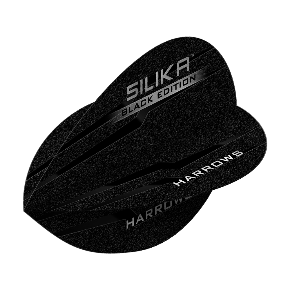 Plumas de pera Harrow's Silica Black-Edition Das Bild zeigt die "Harrows Silika Black-Edition Pear Flights" in schwarzem Design. Die Flugblätter sind mit silbernen Schriftzügen verziert.
