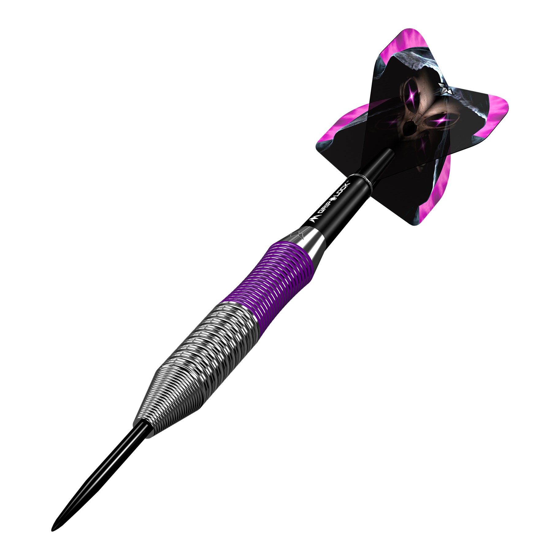Dardos Mission Phantom de latón y acero - 22 g Dies ist ein Mission Phantom Brass Steeldart mit einem Gewicht von 22 Gramm. Der Dart hat ein metallisches Griffstück mit lila Akzenten und einen auffälligen Flight mit einem schwarzen und lila Design.