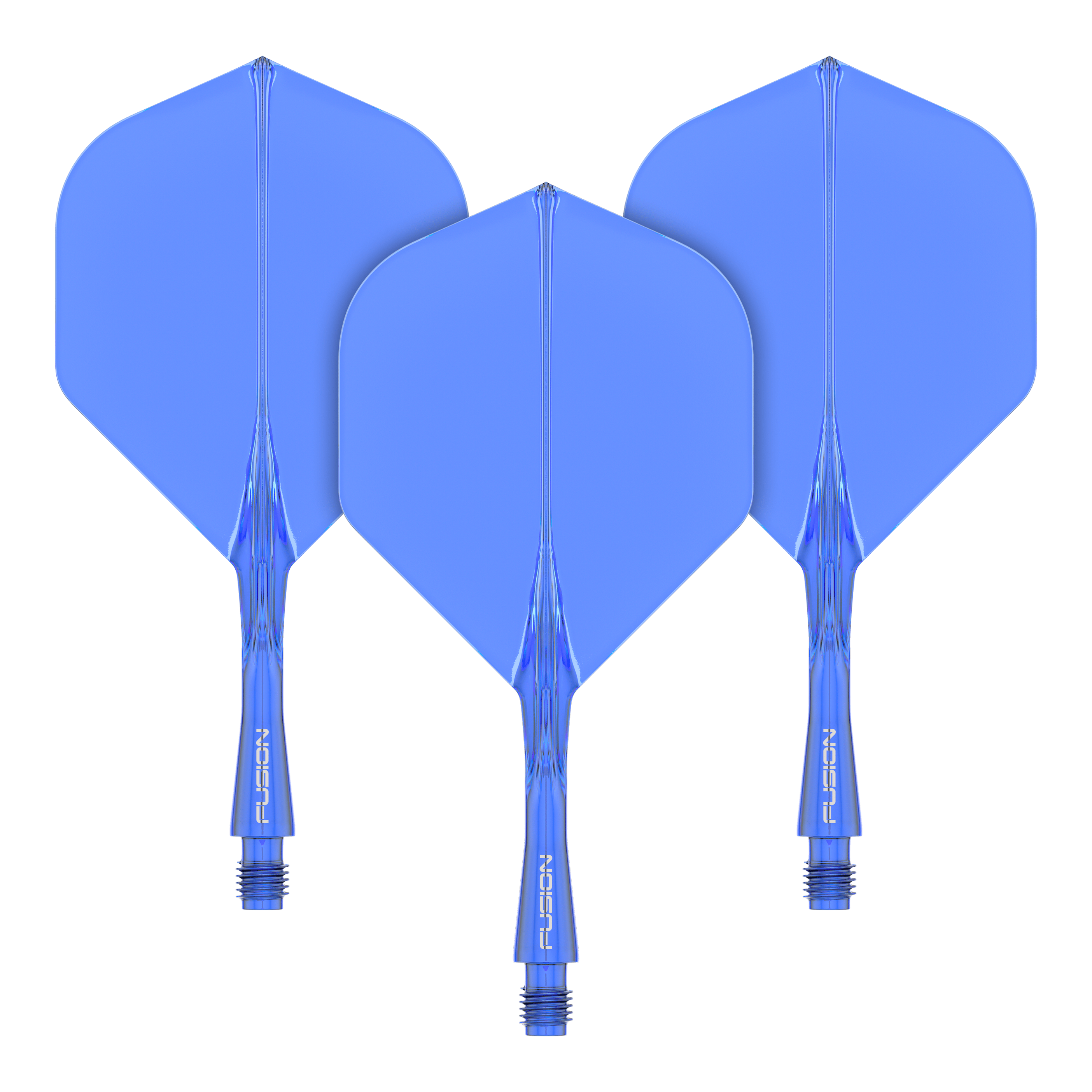 Das Bild zeigt drei blaue Dart-Flights mit Schäften des Winmau Fusion Flight Shaft Systems. Sie sind in einer Reihe angeordnet und jeder Schaft ist 22 mm lang.