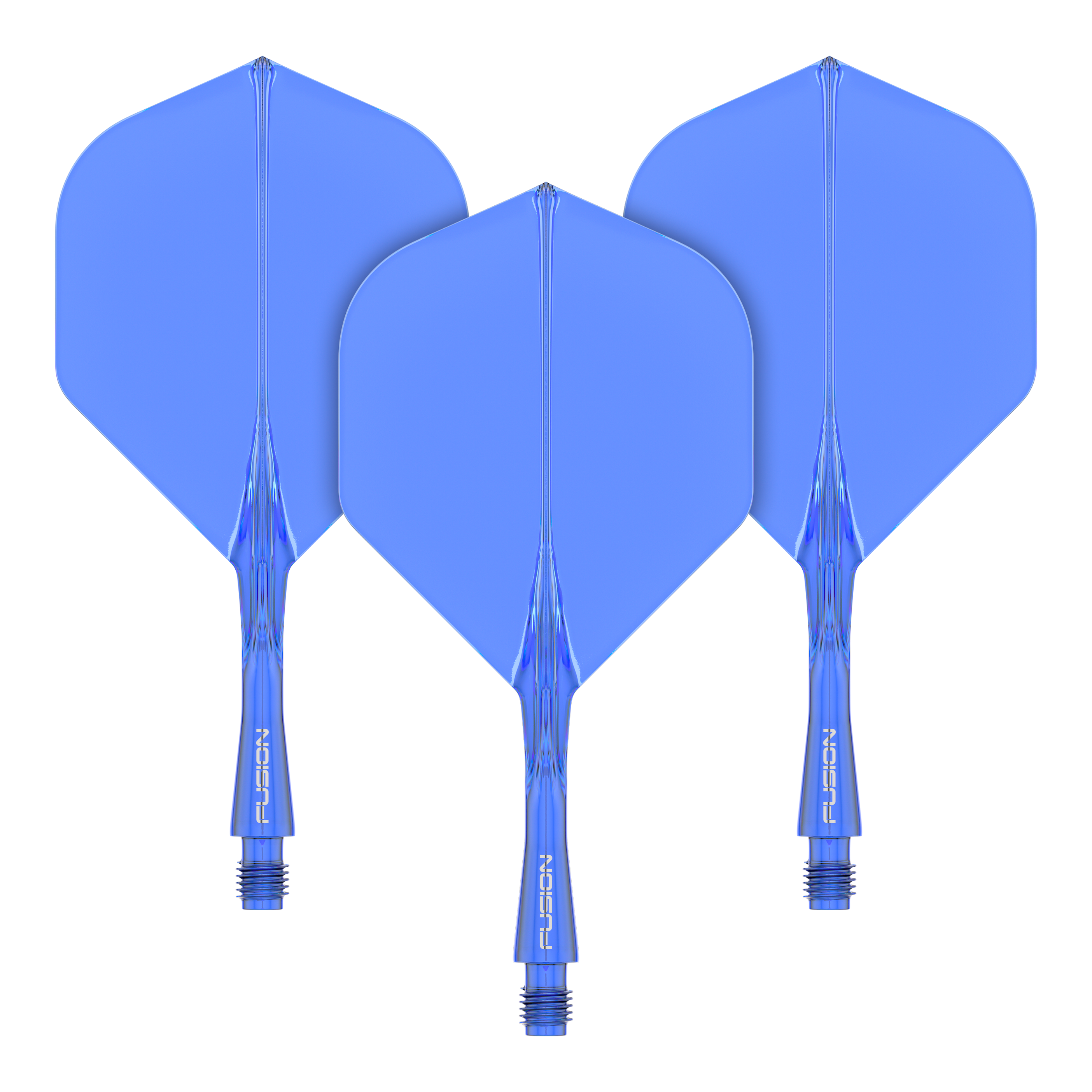 Sistema de eje de vuelo Winmau Fusion azul estándar Das Bild zeigt drei blaue Dart-Flights mit Schäften des Winmau Fusion Flight Shaft Systems. Sie sind in einer Reihe angeordnet und jeder Schaft ist 22 mm lang.