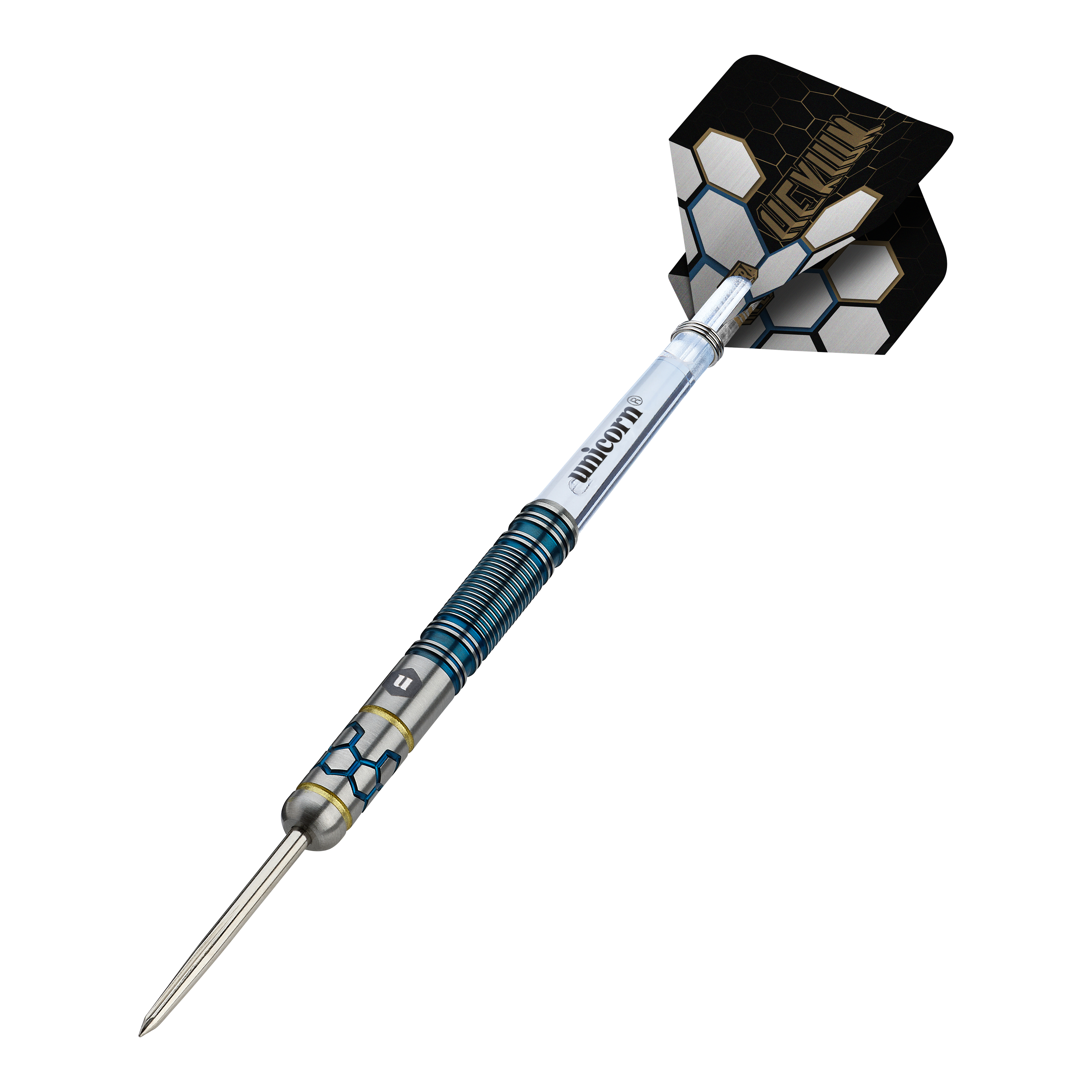 Dardos de acero Unicorn Hexium Style 02 azules y dorados Das Foto zeigt die Unicorn Hexium Style 02 Blue & Gold Steeldarts. Es handelt sich um hochwertige Steeldarts in Blau und Gold.