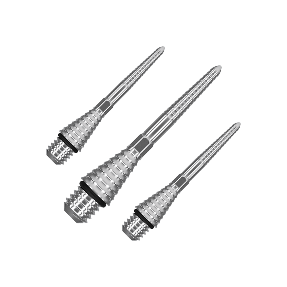 380180_Target_Titanium_Swiss_Point_Grooved_Conversion_Points_Silber_26mm_1 Das Bild zeigt drei silberne Swiss Point Grooved Conversion Points von Target. Sie sind metallisch und haben eine gerillte Oberfläche für besseren Halt.