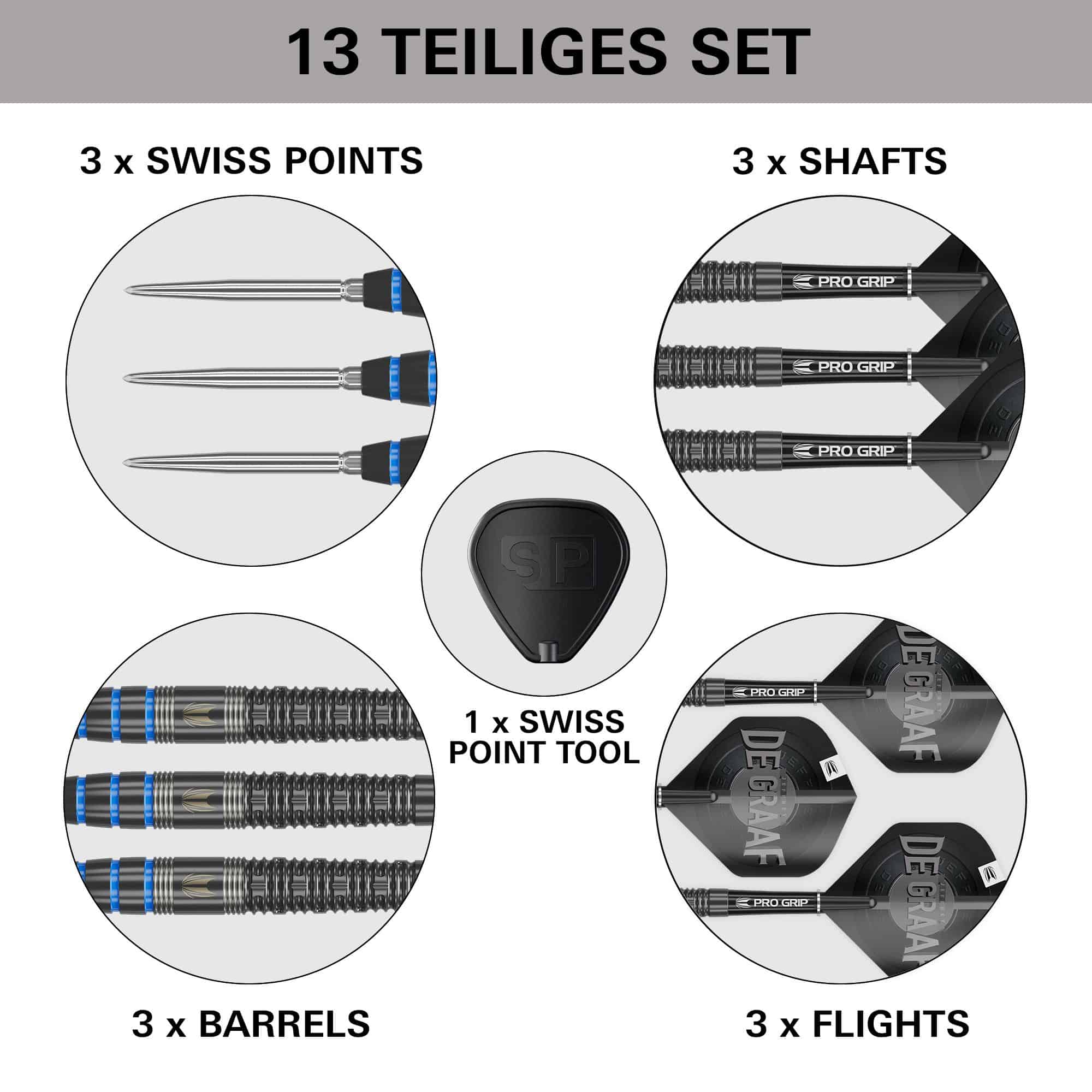 Diana Jeffrey De Graaf GEN1 Dardos de acero con punta suiza - 23 g Das Bild zeigt das 13-teilige Set "Target Jeffrey De Graaf GEN1 Swiss Point Steeldarts - 23g". Im Set sind 3 Spitzen, 3 Shafts, 3 Barrels, 3 Flights und 1 Swiss Point Tool enthalten.