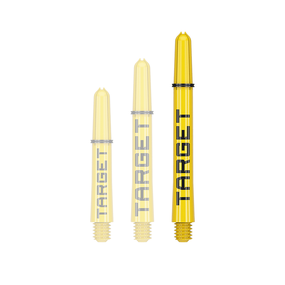 Varillas Target Pro Grip TAG - 3 juegos - Amarillas Das Bild zeigt drei gelbe Dartschäfte in verschiedenen Längen. Auf jedem Schaft steht das Wort "TARGET" in schwarzer Schrift.