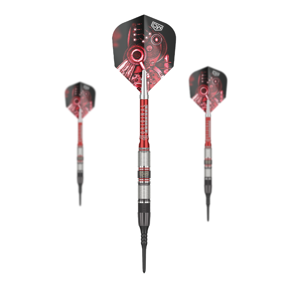 Dardos blandos DW Piranha Razor 02 Das Bild zeigt drei Softdarts des Produkts „DW Piranha Razor 02“. Die Darts haben ein schwarzes und rotes Design mit metallischen Elementen.