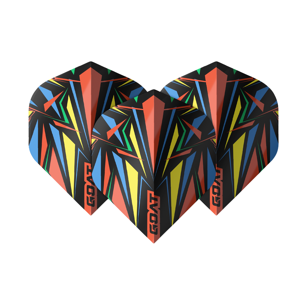 Das Bild zeigt drei bunte Dart-Flights mit einem auffälligen, geometrischen Muster in Rot, Gelb, Blau, Grün und Schwarz. Auf jedem Flight steht das Wort "GOAT" in roten Buchstaben.