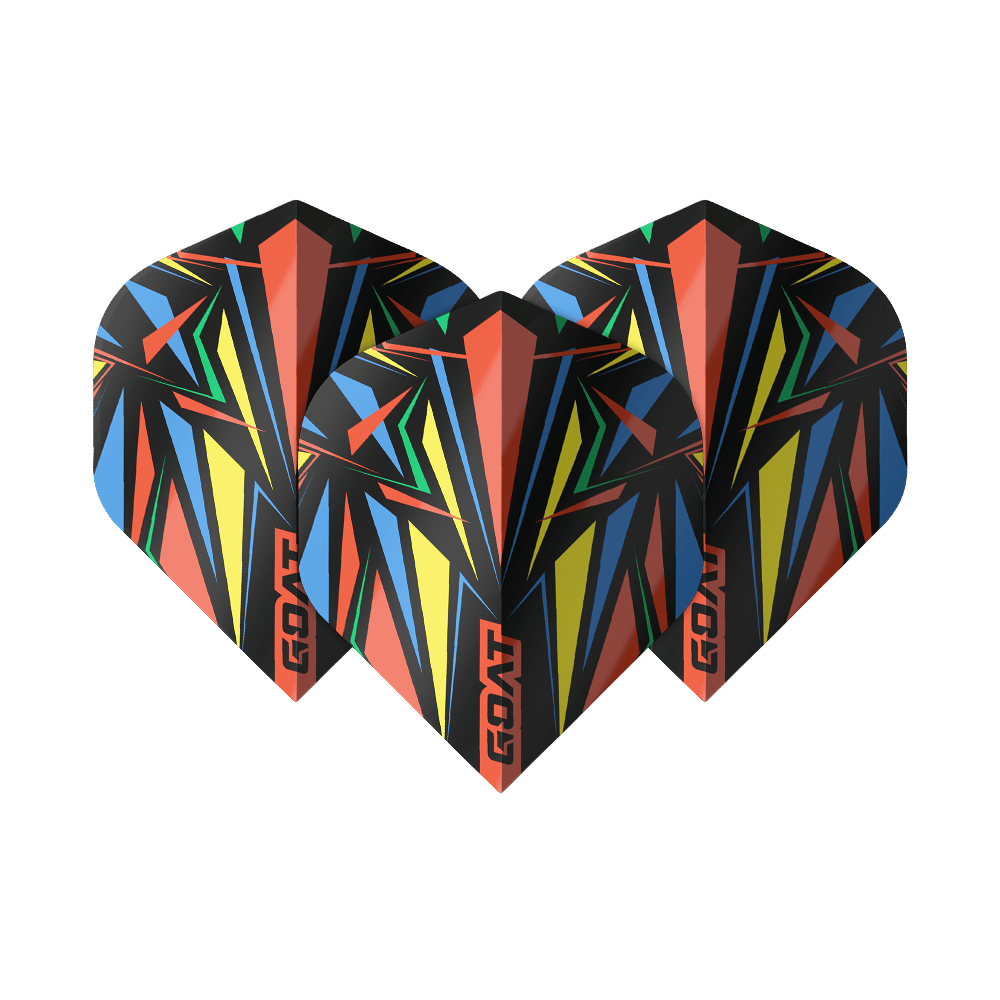 Vuelos estándar GOAT Athlete Red No2 Das Bild zeigt drei bunte Dart-Flights mit einem auffälligen, geometrischen Muster in Rot, Gelb, Blau, Grün und Schwarz. Auf jedem Flight steht das Wort "GOAT" in roten Buchstaben.