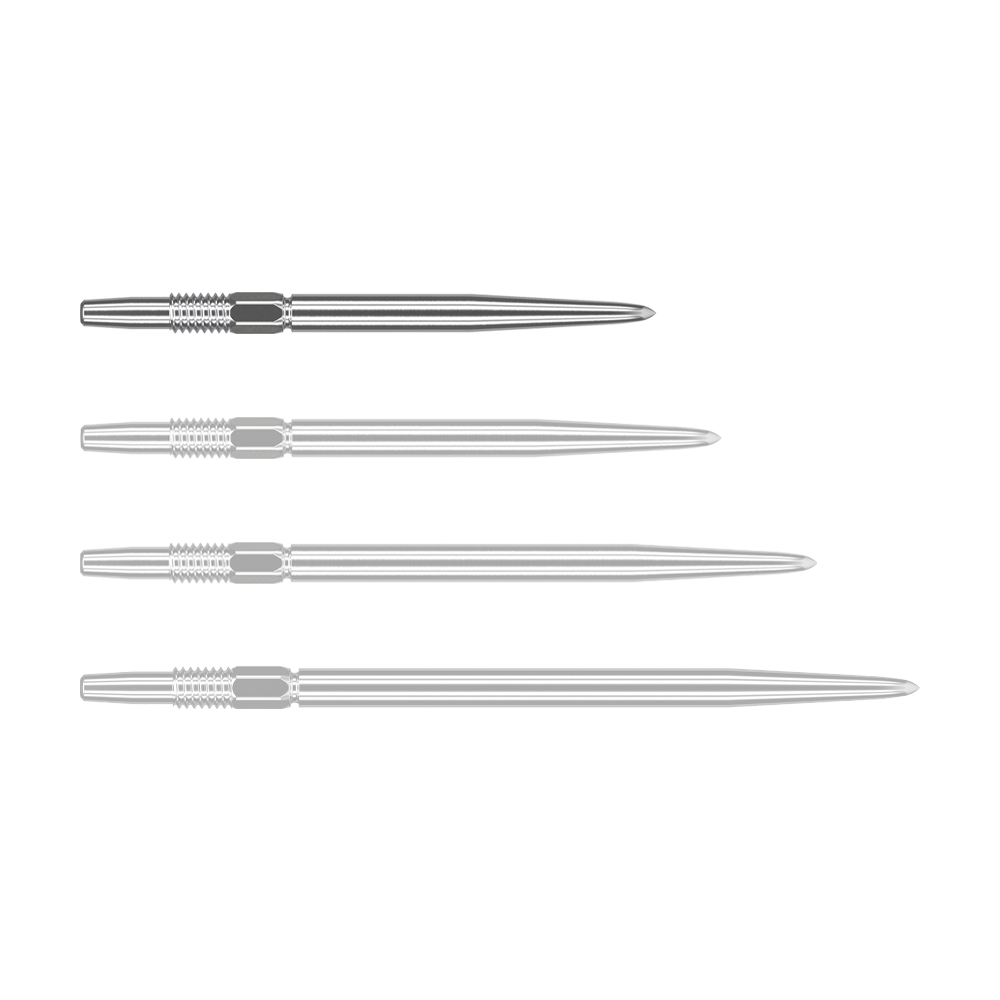 Puntas de dardos Target Swiss Point Silver Das Bild zeigt vier silberne Dartspitzen, die nebeneinander liegen. Jede Spitze hat ein geriffeltes Ende und ist schlank und spitz zulaufend.