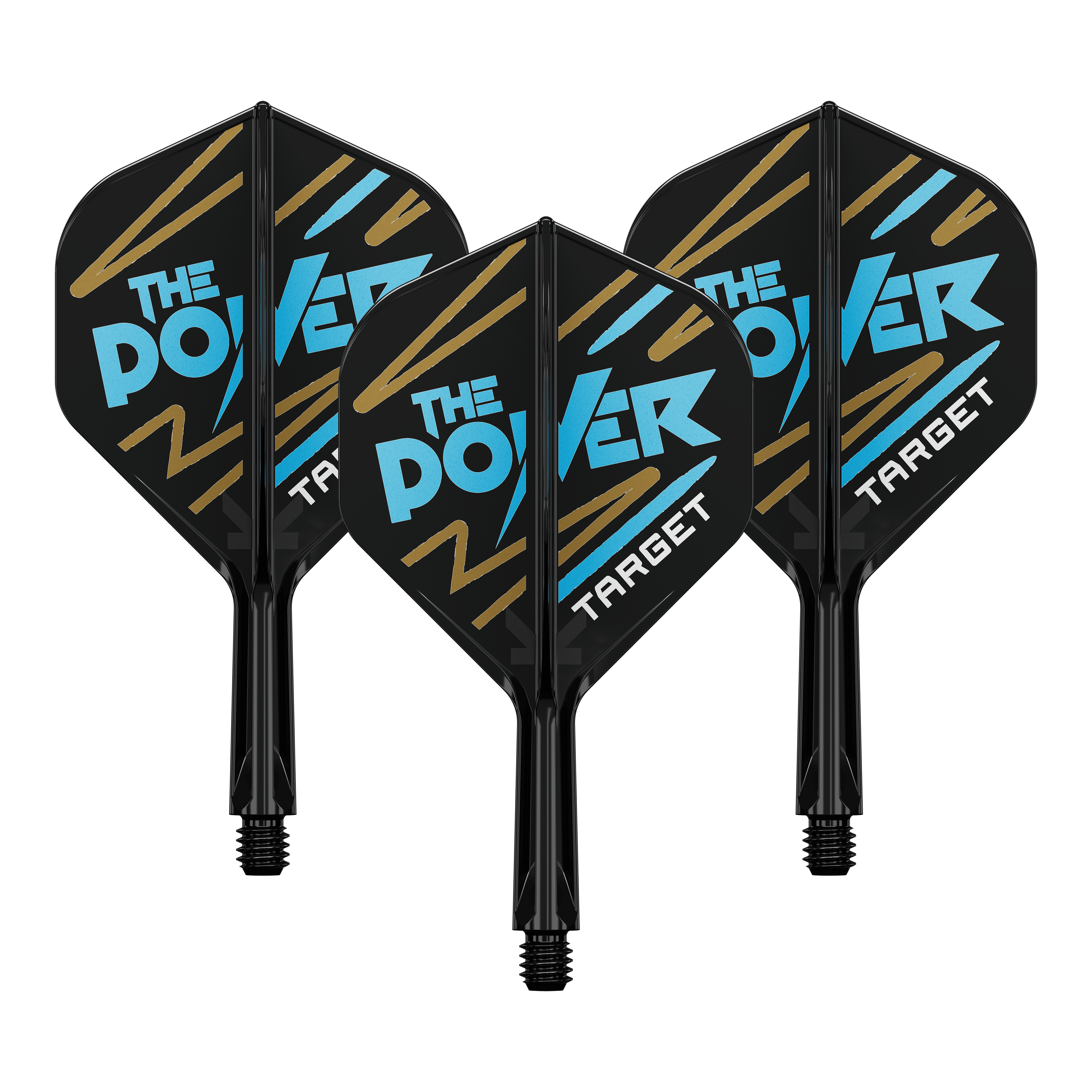 Sistema de varilla de vuelo estándar Target K-Flex Phil Taylor No.2 Auf dem Bild sind drei Dartflights mit schwarzem Hintergrund zu sehen. Auf den Flights steht in blauer und weißer Schrift "THE POWER" und unten "TARGET".