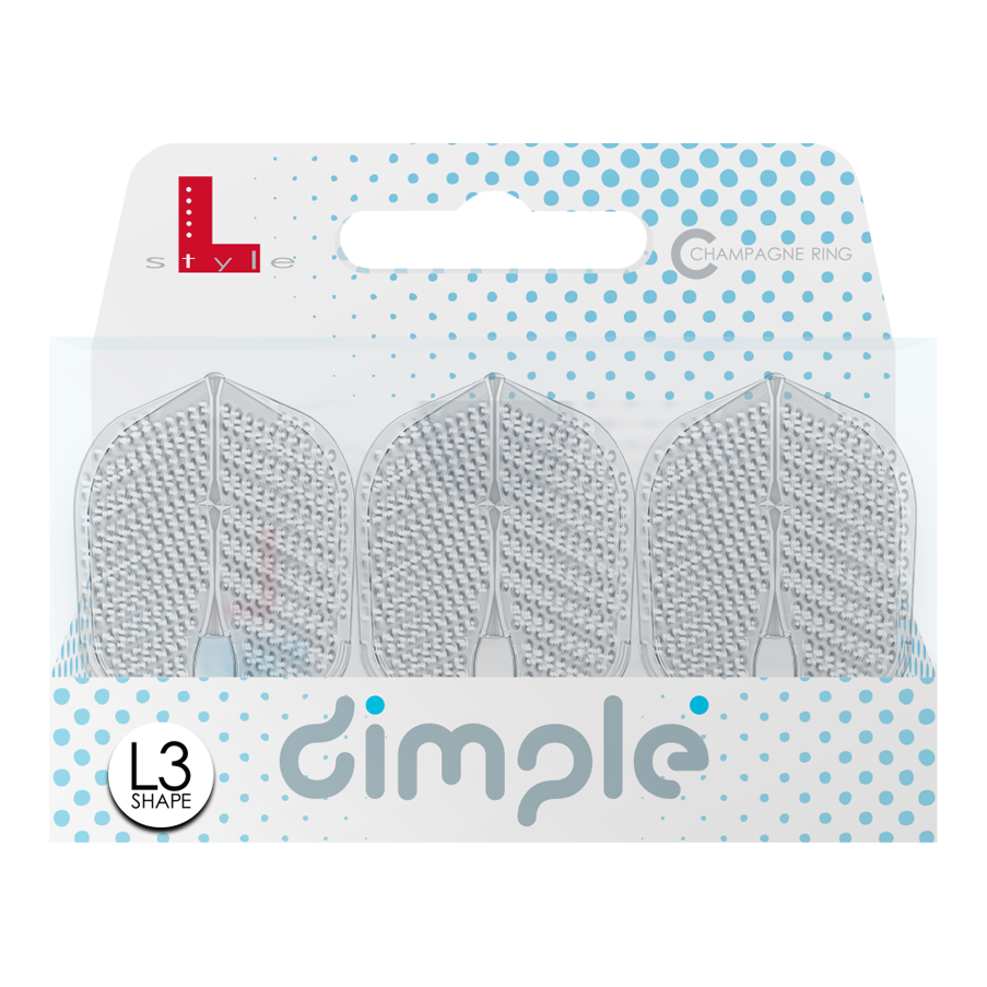 Plumas estilo L Dimple Champagne Forma L3PRO Das Bild zeigt eine Verpackung mit drei L-Style Flights Dimple im L3PRO Shape. Die Verpackung ist weiß mit blauen Punkten und trägt den Schriftzug "dimple".