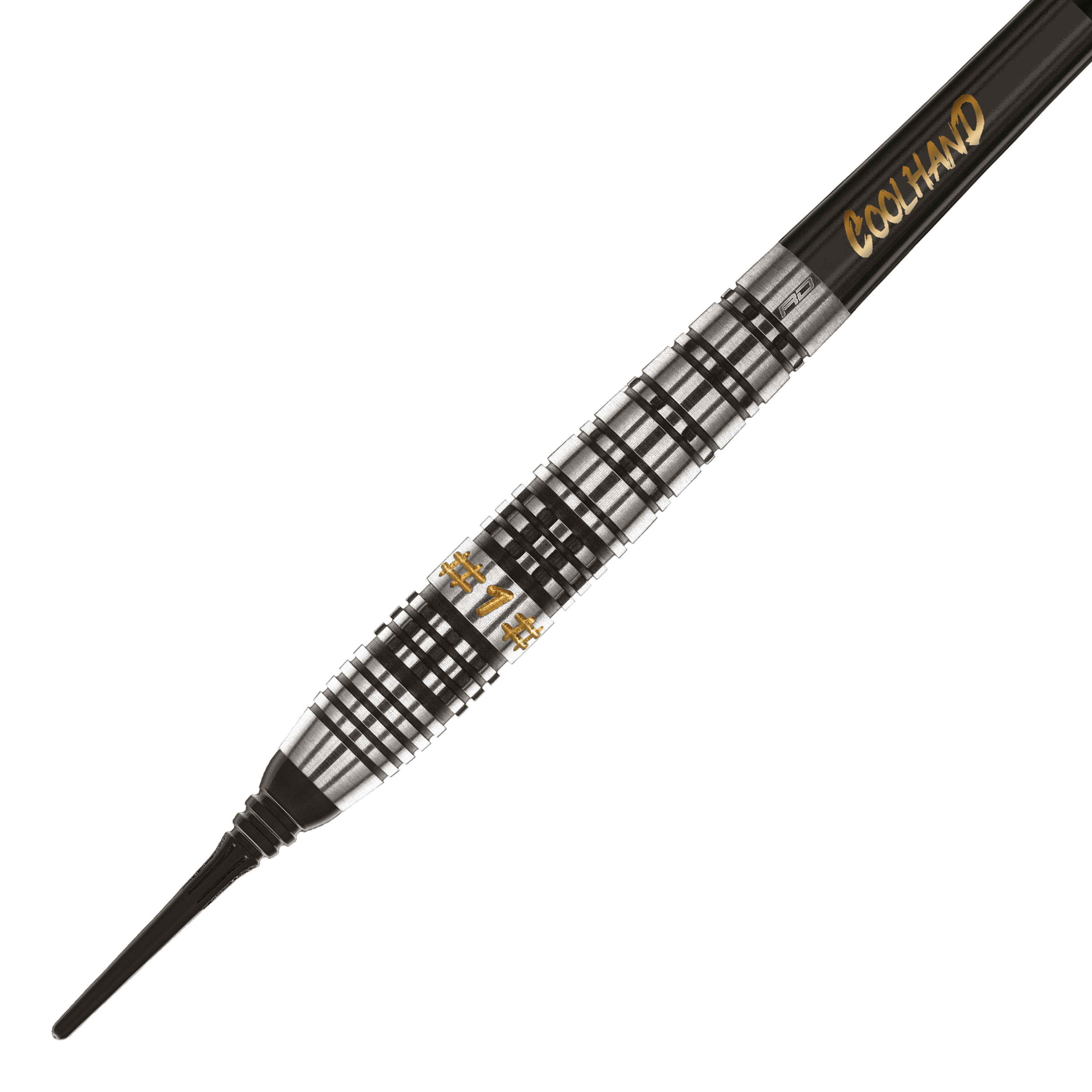 Dardos blandos Red Dragon Luke Humphries Prestige - 20 g Das Bild zeigt einen Softdart namens "Red Dragon Luke Humphries Prestige Softdarts - 20g". Der Dart hat ein silber-schwarzes, geriffeltes Design mit goldener Schrift.