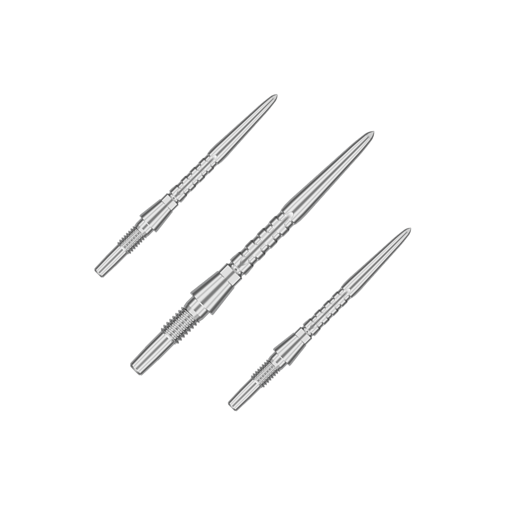 Puntas de dardos de acero Target Swiss Point Storm Surge - plateadas Auf dem Bild sind drei silberne Steeldartspitzen abgebildet. Sie sind schmal, metallisch und haben ein präzises, geriffeltes Design.