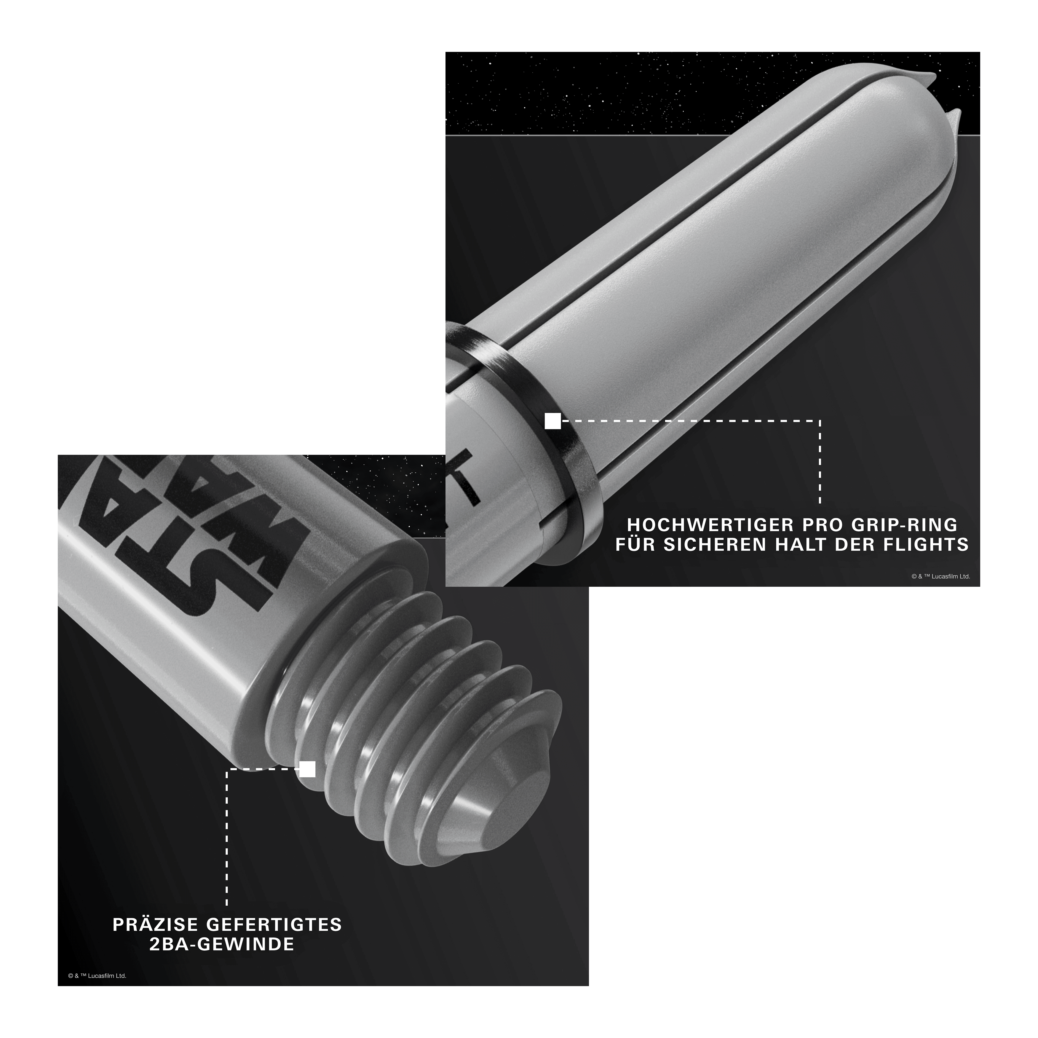Varillas Target Star Wars ProGrip - Gris Gezeigt wird das Produkt Target Star Wars ProGrip Shafts - Grau. Die robusten Dartschäfte sind in Grau gehalten.