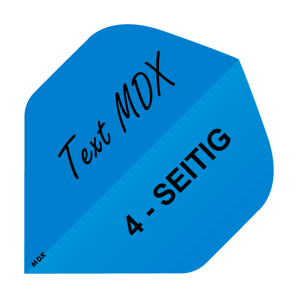 MD-406_4S_4-Seitig_Bedruckte_Flights_Wunschtext_MDX_Blau_Standard_1 Das Bild zeigt ein blaues Quadrat mit dem Text "Text MDX" und "4-SEITIG" darauf. In der Ecke steht zusätzlich klein "MDX".