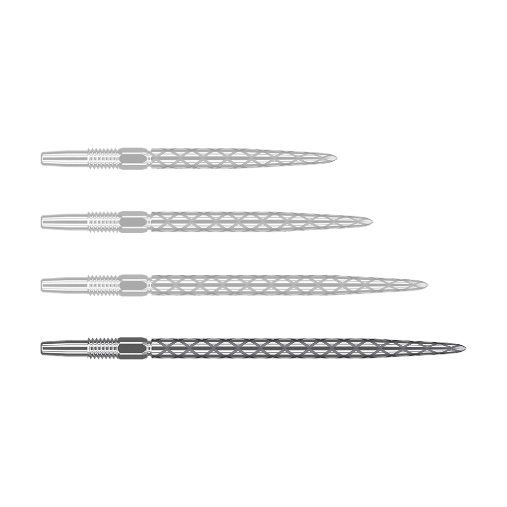 Puntas de dardos Target Swiss Diamond Pro Silver Points Auf dem Bild sind vier silberne Dartspitzen mit einem rautenförmigen Muster zu sehen. Sie liegen waagerecht und sind gleichmäßig angeordnet.
