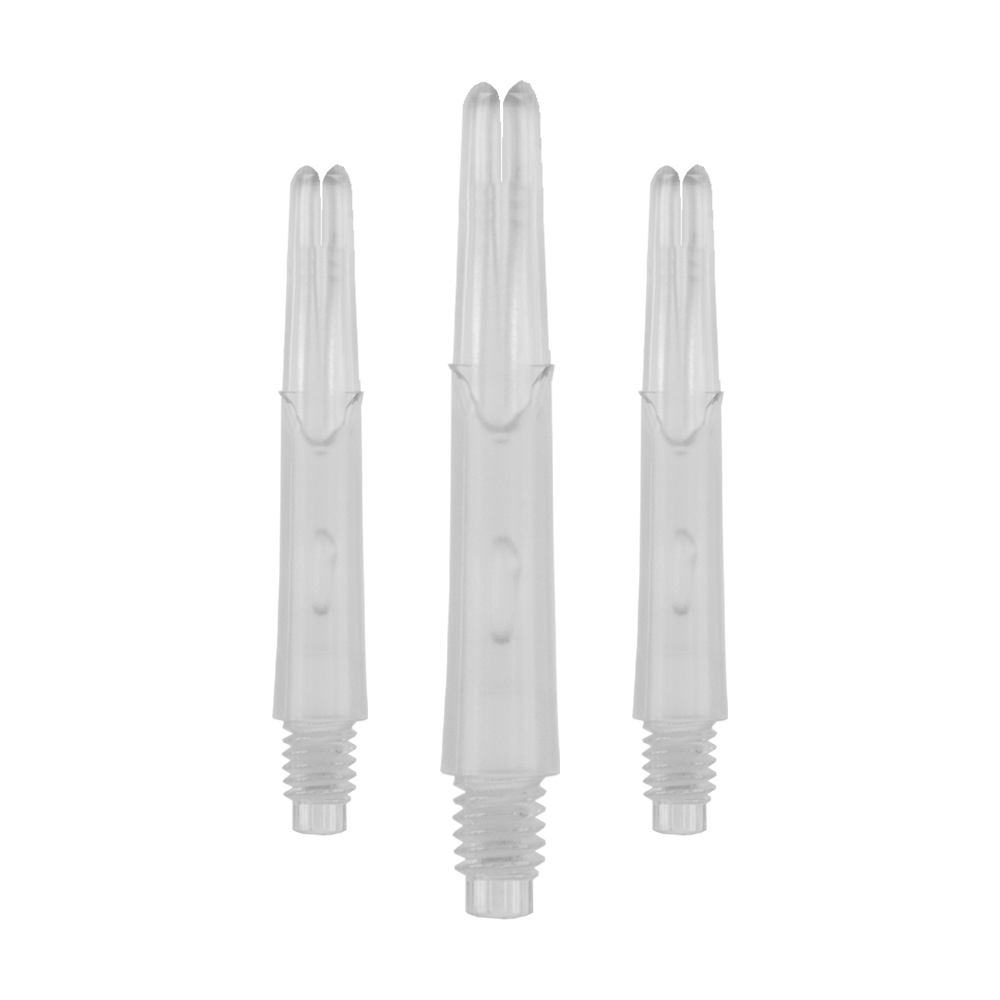 Ejes en L estilo L bloqueados rectos - transparente Auf dem Bild sind drei transparente, gerade Dartschäfte aus Kunststoff zu sehen. Sie haben ein Gewinde am unteren Ende und sind ohne Kappen abgebildet.