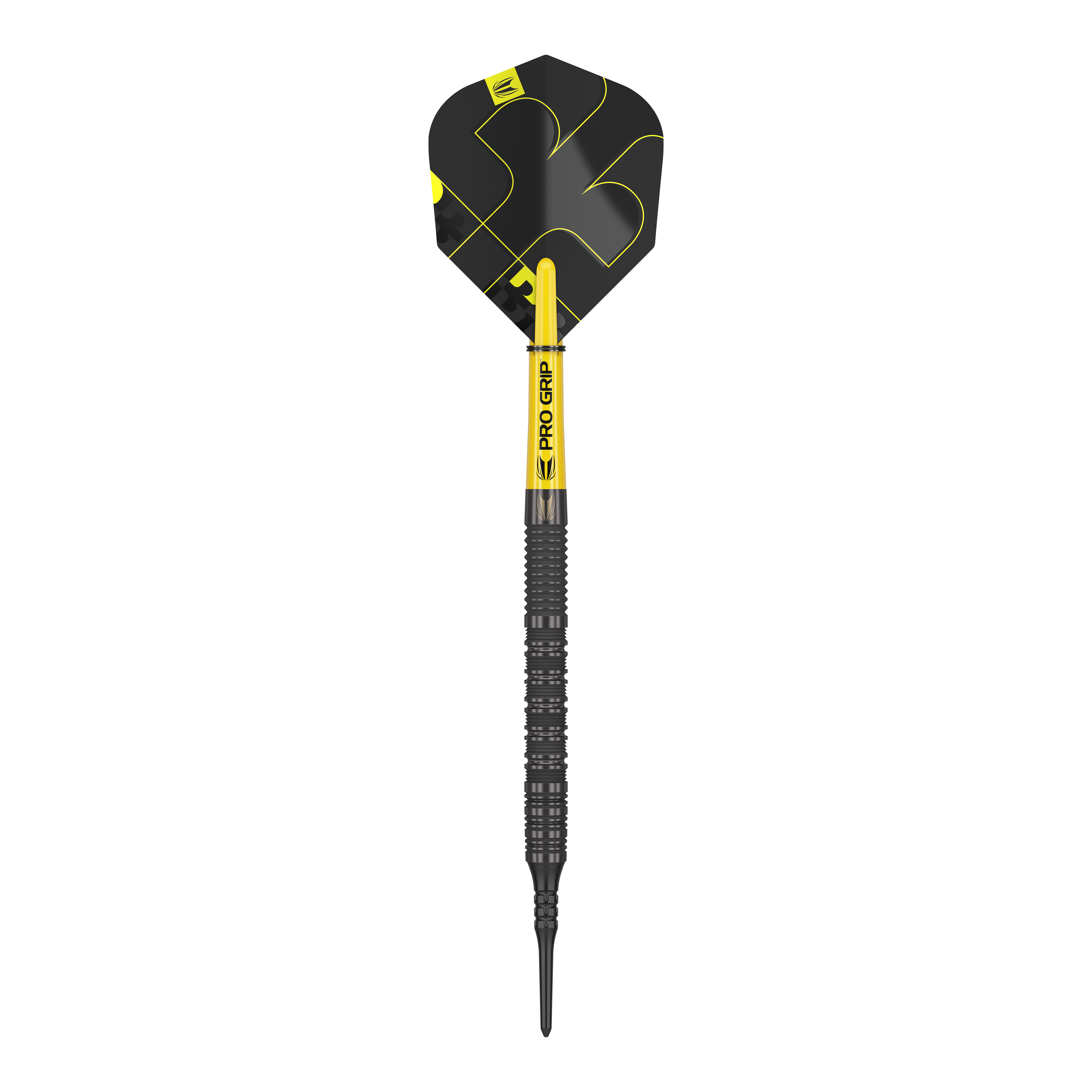 Dardos blandos Target Bolide Void 10 Das Bild zeigt einen Target Bolide Void 10 Softdartpfeil. Der Pfeil ist schwarz mit gelben Akzenten und hat einen Pro Grip Schaft.