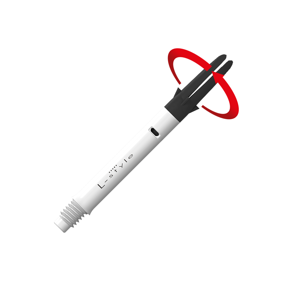 Flecha recta silenciosa de carbono estilo L - Blanca Dies ist ein weißer Carbon-Schaft für Dartpfeile der Marke L-Style. Der obere schwarze Teil kann sich drehen, wie durch den roten Pfeil angezeigt.