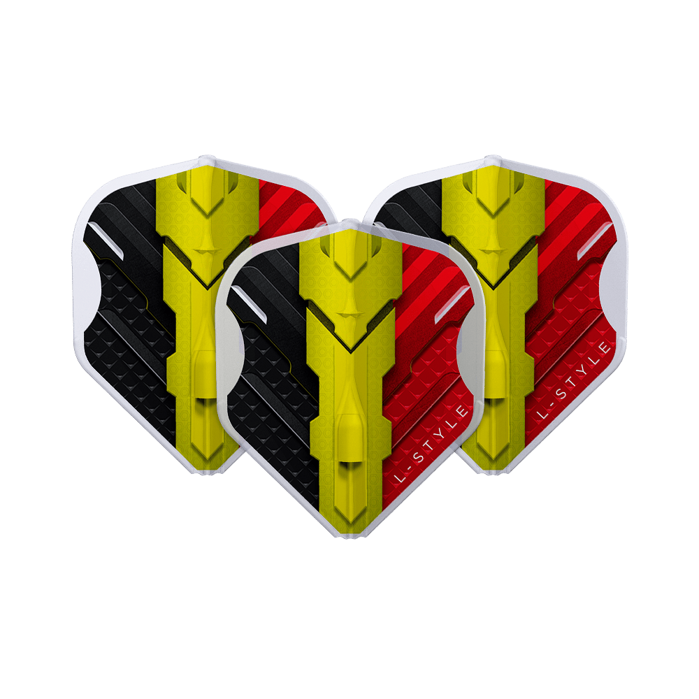 Das Bild zeigt drei Dart-Flights des Modells "L-Style V-Series V1 Type C Belgium Clear White L1EZ Flights". Die Flights sind in den Farben Schwarz, Gelb und Rot gestaltet und zeigen ein modernes Design.